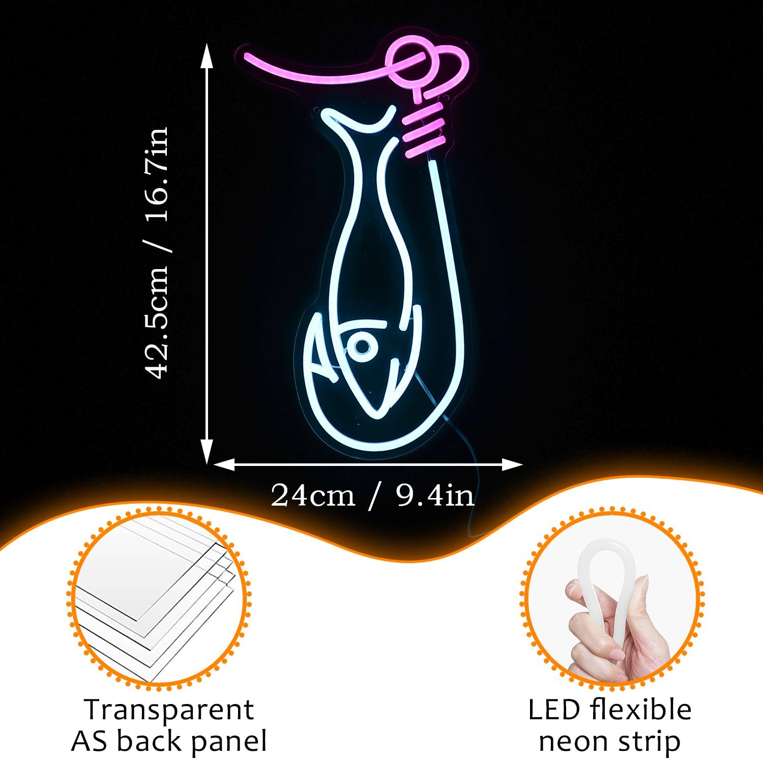 LISIGNVE Fishing Neon Sign LED Wall Light, Dimmable, Ice Blue Pink, Silicone Decor for Living Room, Man Cave, Yacht, Gift for Boys