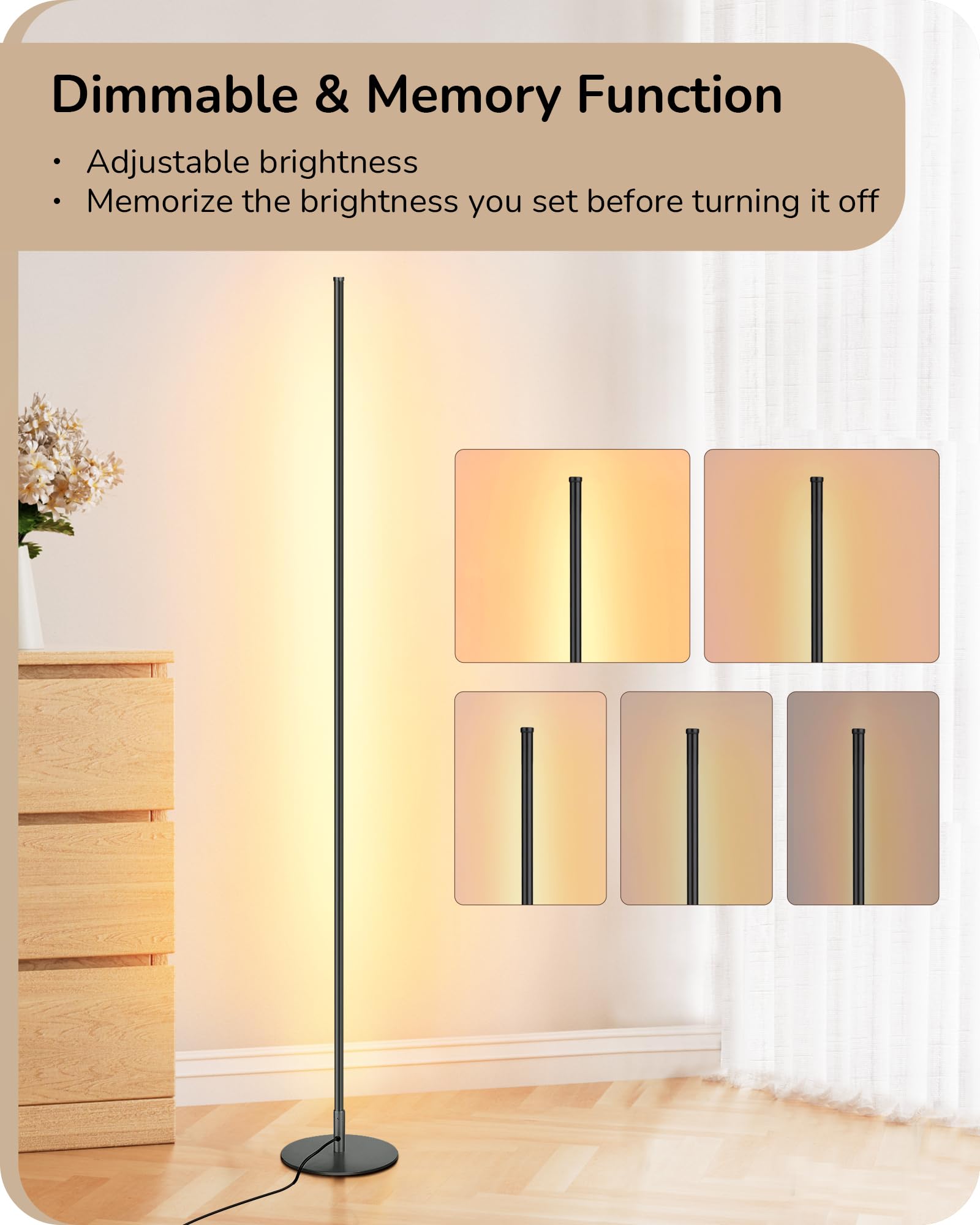 EDISHINE LED Corner Floor Lamp, 57.5in Tall, Dimmable, Warm White 3000K Light, Aluminum, Black, Model HFLCB3B
