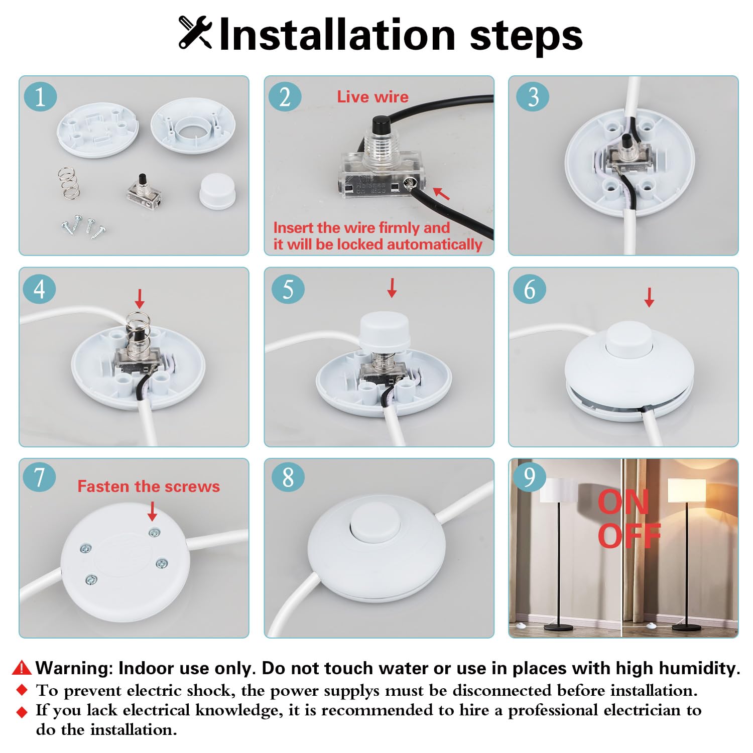 Helunsi 1Pcs Floor Lamp Foot Switch, White Foot Pedal Switch, Round Floor Lamps Foot Inline Switch, Step On Off Spring Push Butt