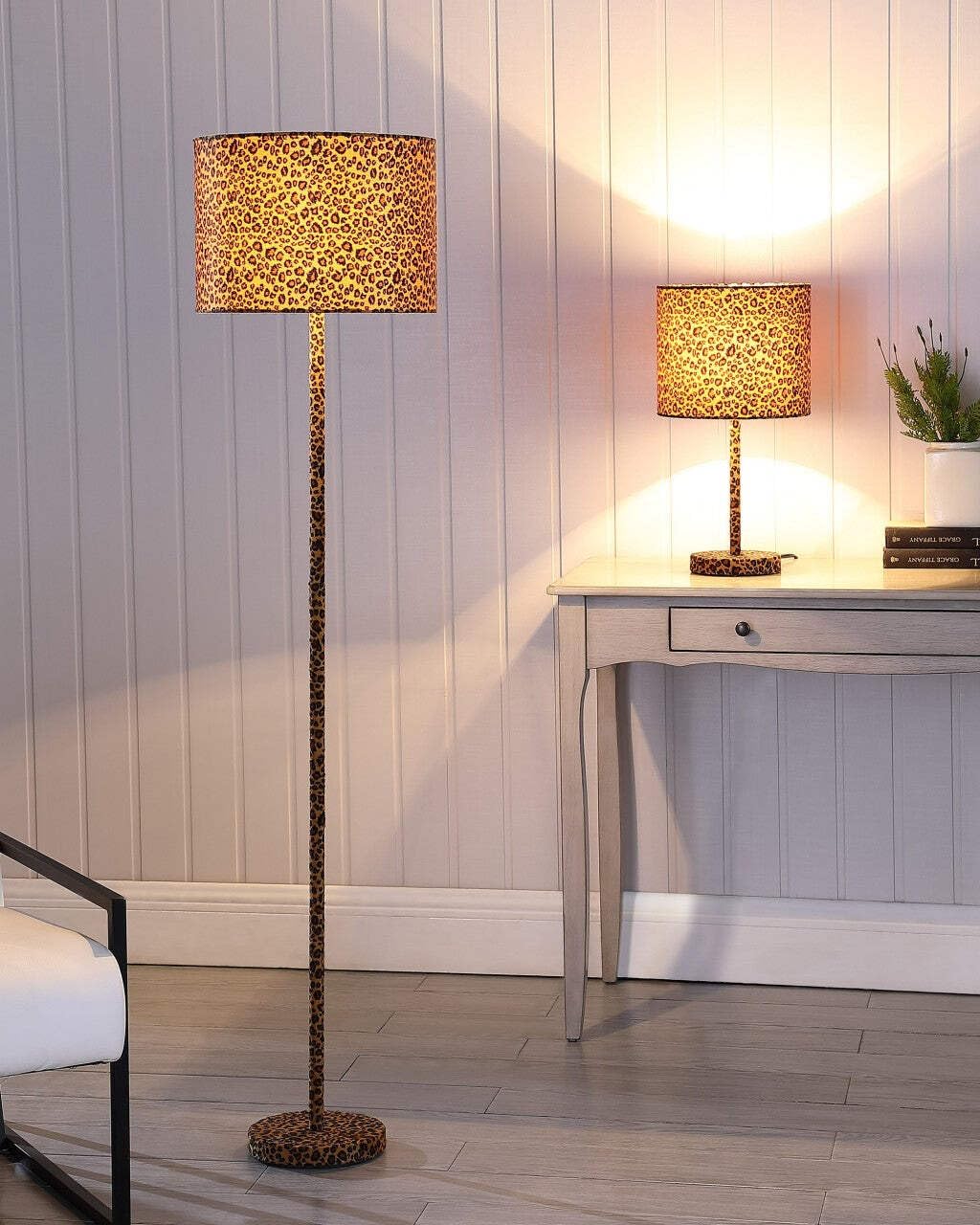 59 Orange And Black Metal Bedside Table Lamp With Orange And Black Drum Shade Leopard Print