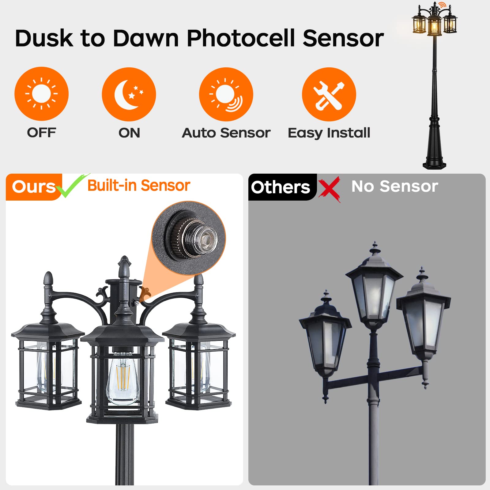 Partphoner Dusk To Dawn Outdoor Lamp Post Lights, Black Light Pole With Clear Glass Panels (3 Led Bulbs Included), 3-Head Hardwi