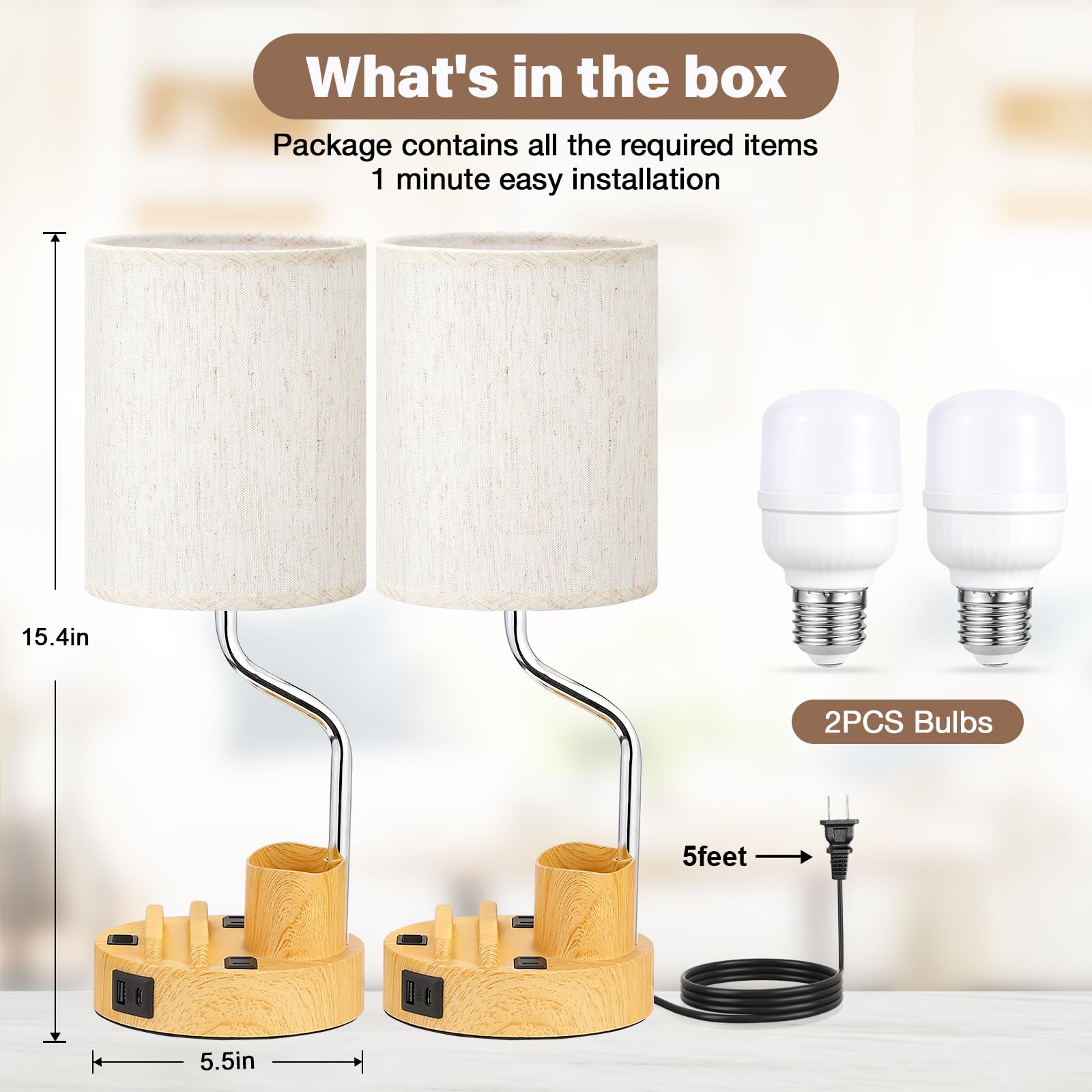 Bedside Table Lamps For Bedroom Set Of 2 - Nightstand Light With Ac Outlet And Usb A & C For Charging, 3 Color Temperatures Wood