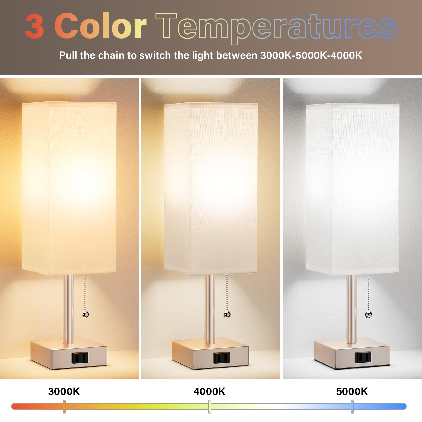 Gold Bedside Table Lamps For Bedroom Set Of 2 - Small Rectangular Nightstand Lamp With Ac Outlet Charging Port, 3 Color Temperat