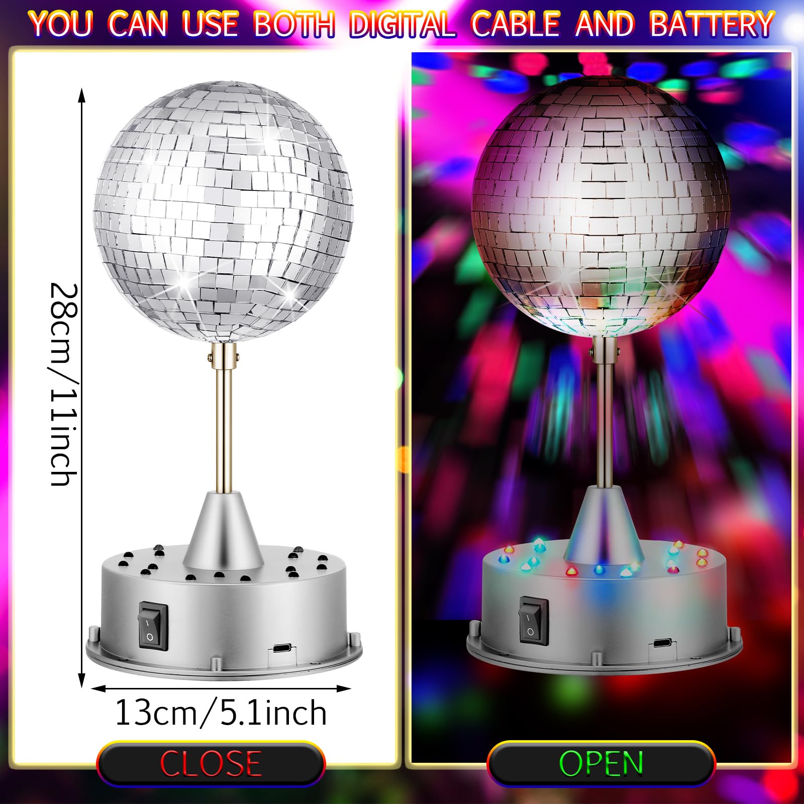 Retisee Christmas Disco Ball Light - 5" Mirror Ball, Rotating 90s Party Decor, 3 Light Colors, Silver, Model TOU-Retisee-1869