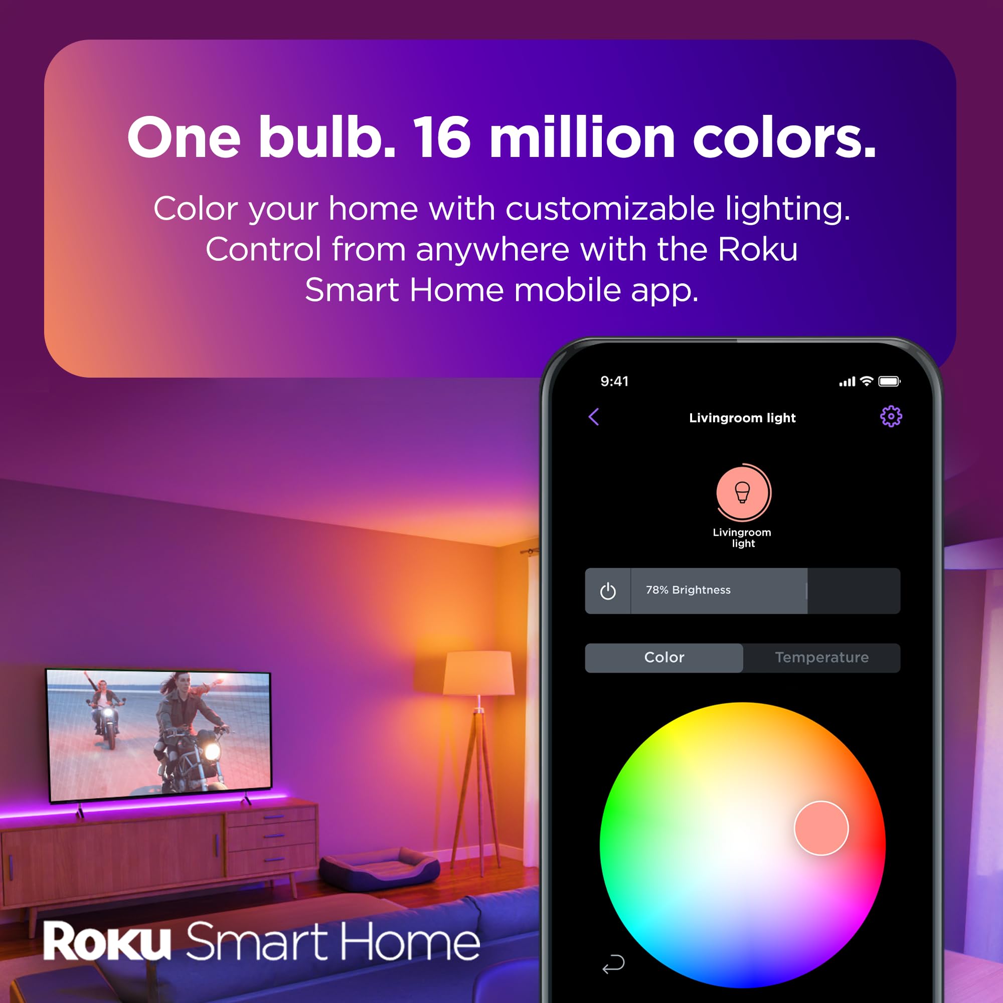 Roku Smart Light Bulbs (Color, 2-Pack) - Dimmable A19 Color Lightbulbs With Adjustable Brightness & Temperature - Wifi Smart Bulbs Works Voice, Alexa & Google Assistant - Smart Home Products