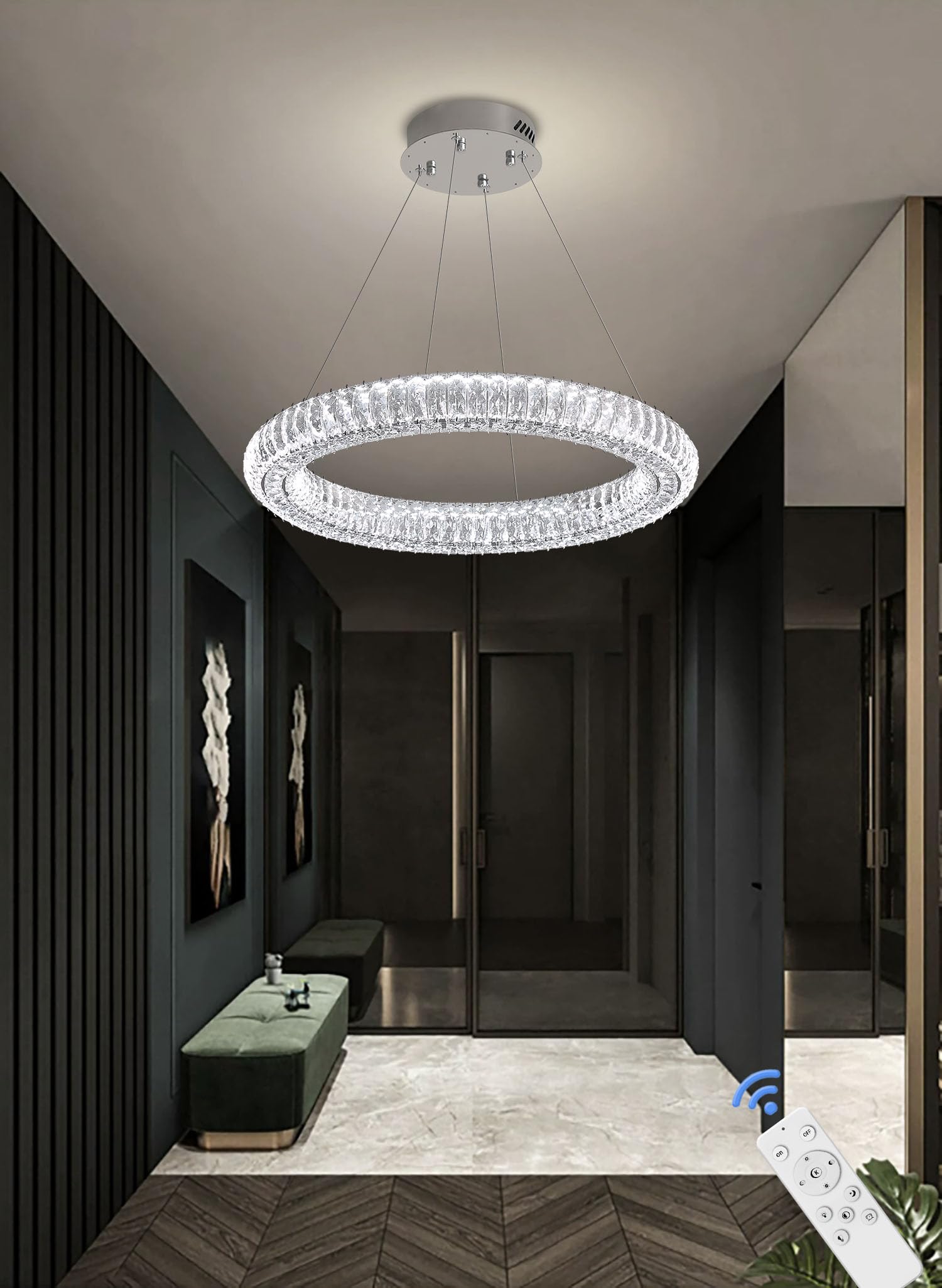 IDEQUY Modern Crystal Chandelier LED Pendant Light, 23.6" Adjustable Round Chrome Fixture for Dining Room, Dimmable, Silver