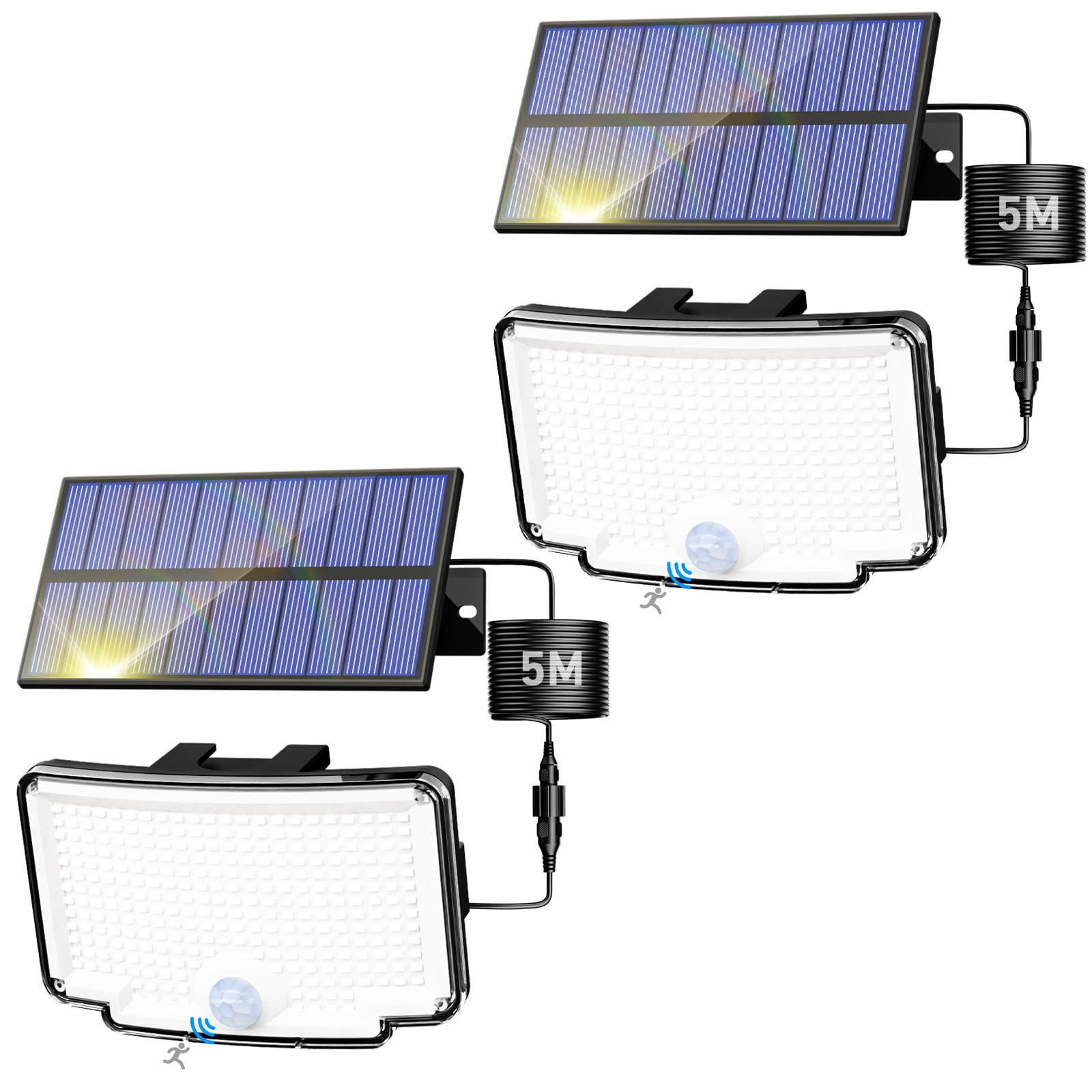 Peasur Solar Lights Outdoor Waterproof  [318 LED/3 Modes] Solar Motion Security Light  Flood Lights with 16.4 FT Cable for Outside Garden Garage Yard  2 Pack