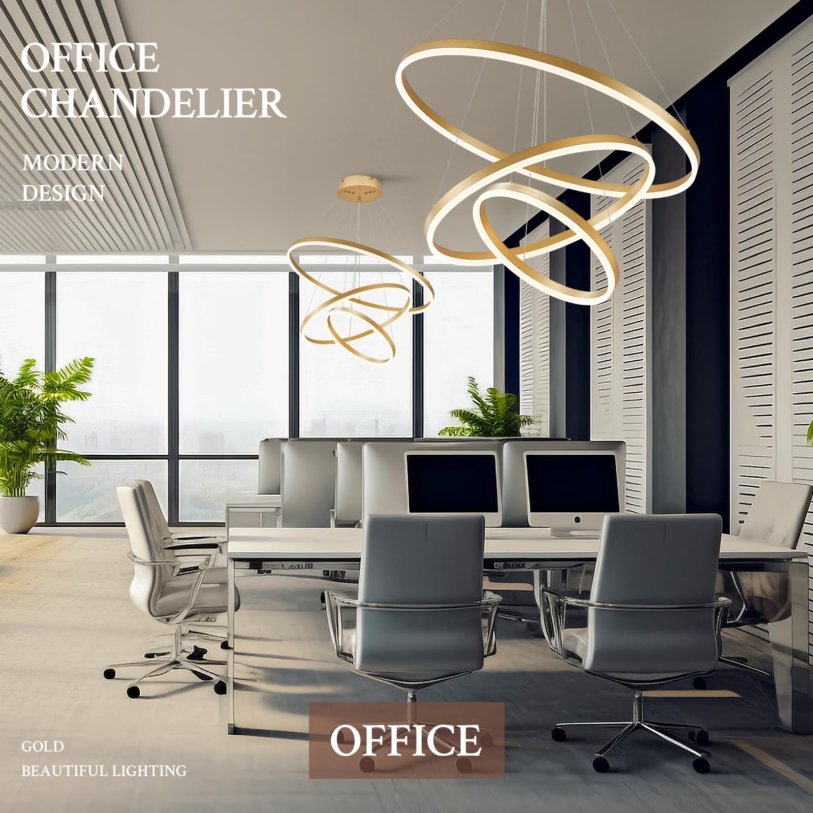 Sparklelf 3-Rings LED Chandelier, Dimmable Pendant Light, 31.5in Gold, Remote Control, High Ceiling, Model D31.5