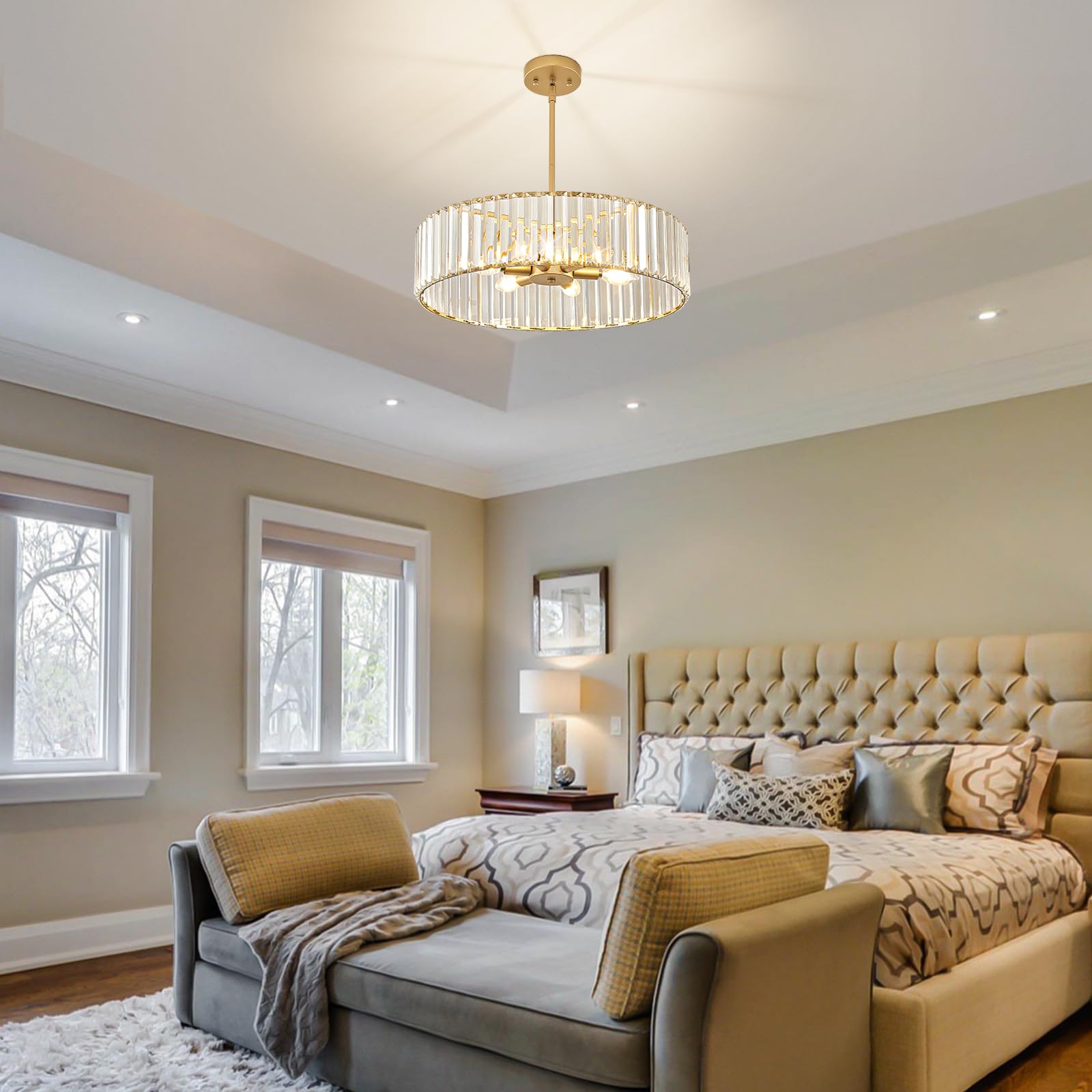 Yurnyq Gold Crystal Chandelier For Dining Room, 6-Light Modern Semi Flush Mount Chandelier Lighting Fixtures, Round Kitchen Hang