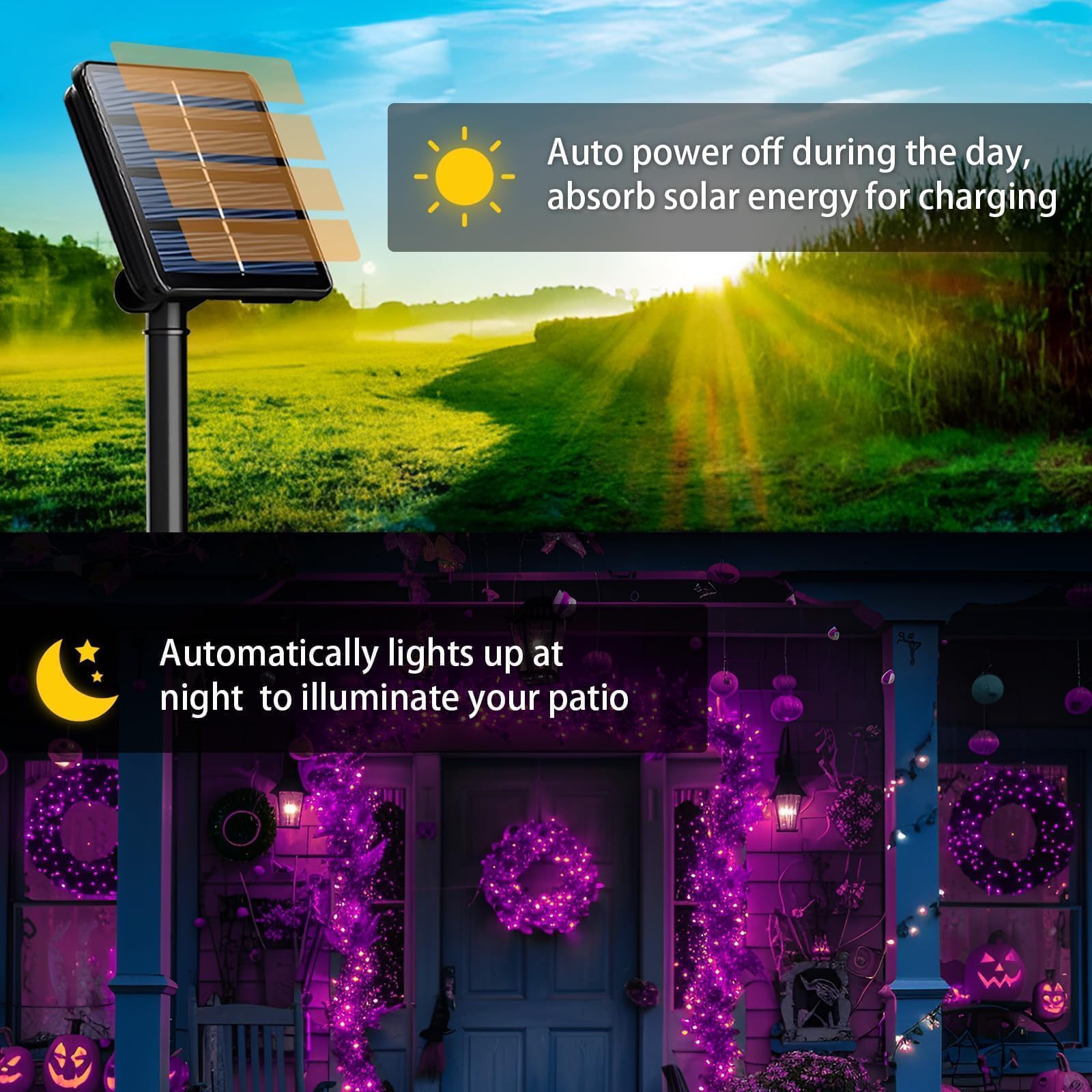 SyouHome Solar String Lights, 156Ft 4-Pack, 400 LED Waterproof, 8 Modes, Purple & Orange