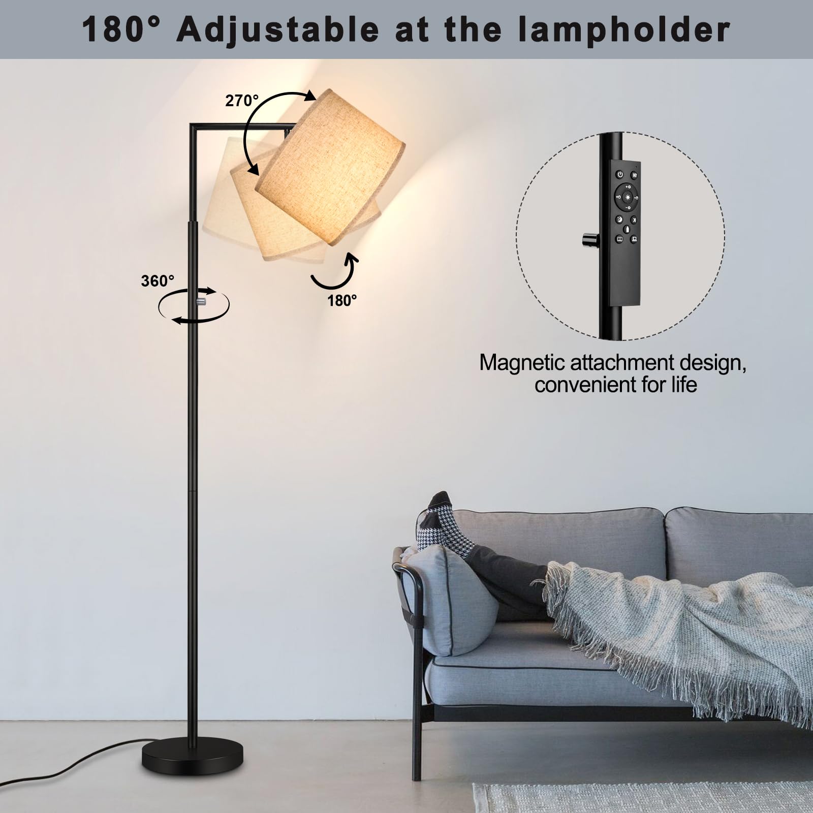 Rottogoon Dimmable Floor Lamp With Remote, 4-Color Temperature Modern Standing Lamp Control & Beige Shade, Tall Pole Floor Lamp