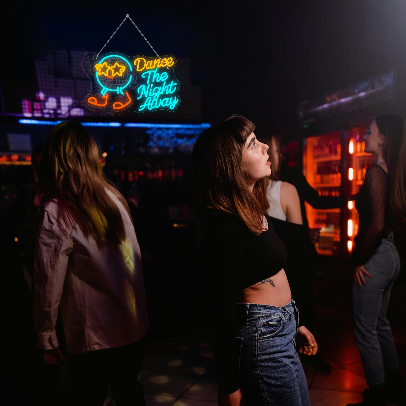 Wanxing Neon Sign - Dance The Night Away Disco Ball Light, Dimmable LED, 12in W x 15.54in L, Retro Design for Parties and Decor