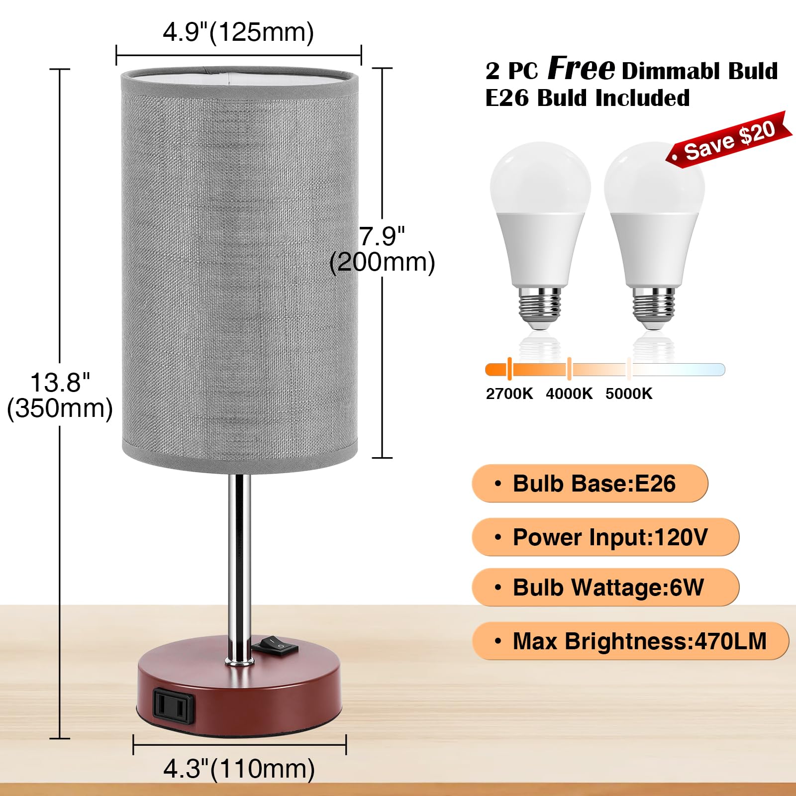ZJOJO 3-Way Dimmable Bedside Table Lamps Set of 2, Metal, Brown, Simple Round Model, with AC Outlets for Bedroom and Living Room