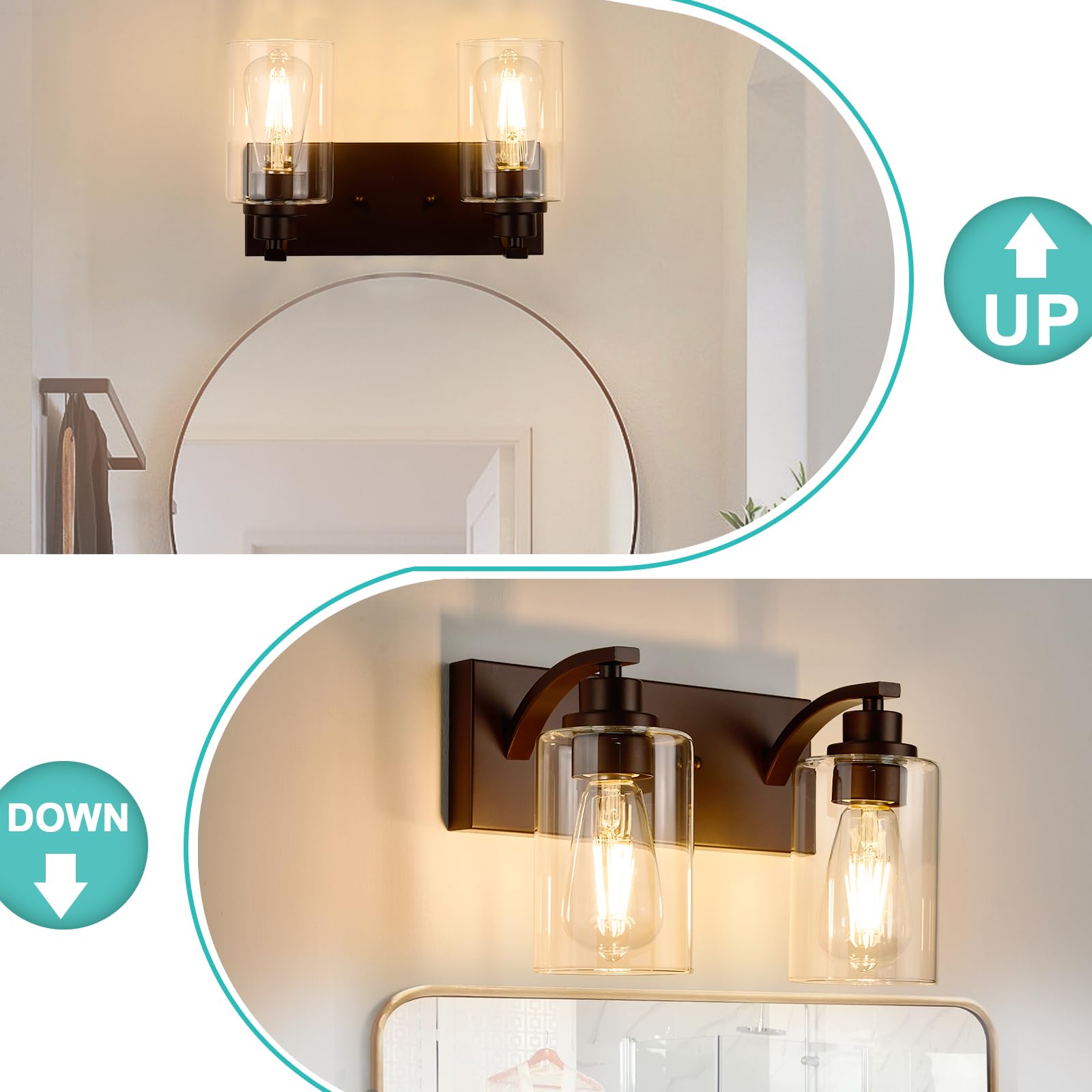 ALAISLYC 2-Light Bathroom Vanity Light Fixtures, Modern Bronze Metal, Clear Glass Shade, Model JF116, Ideal for Mirror and Hallway