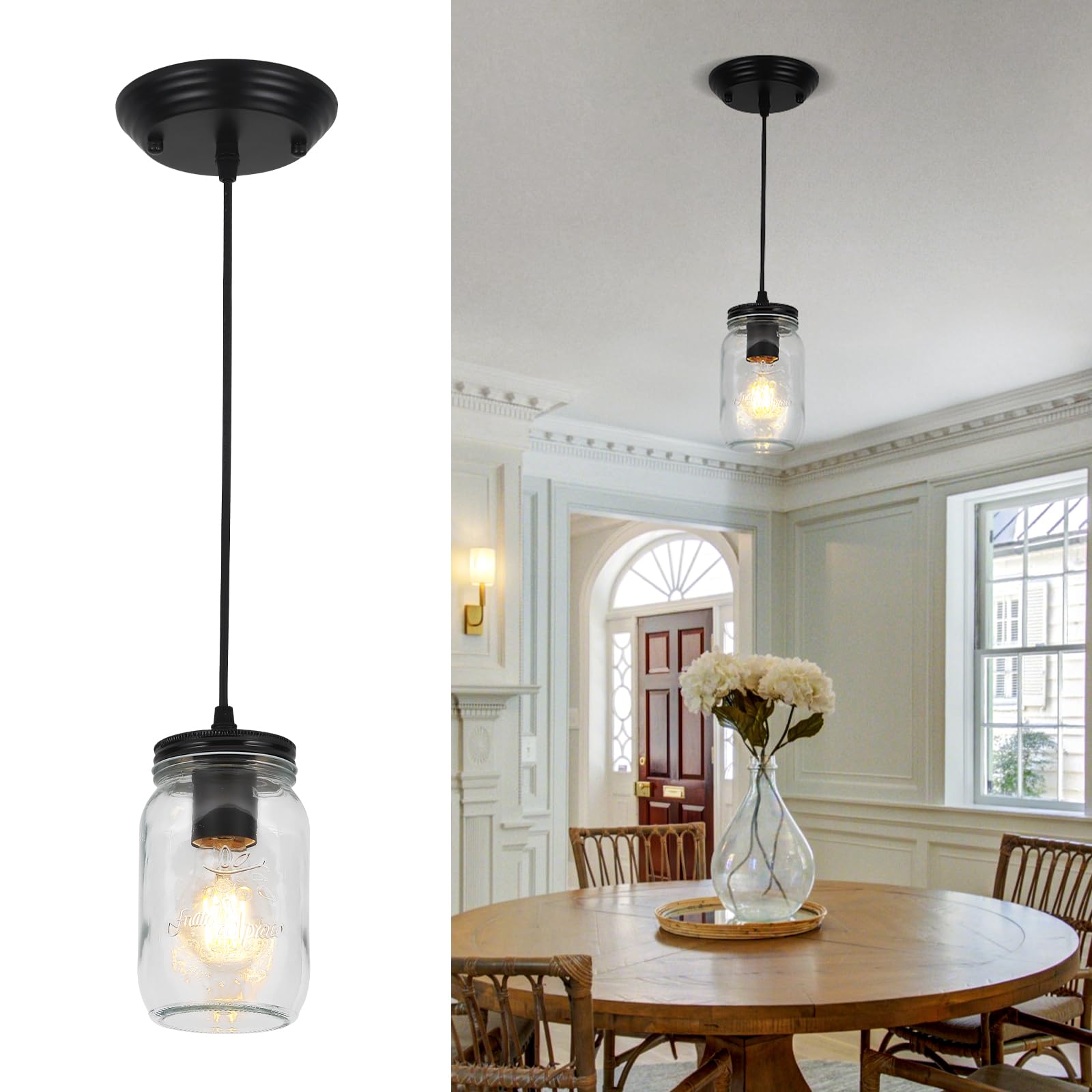 UShe DHome Glass Pendant Light Fixture, 1-Light Black with Clear Glass Shade, D 3.5in for Kitchen, Dining Room, Hallway
