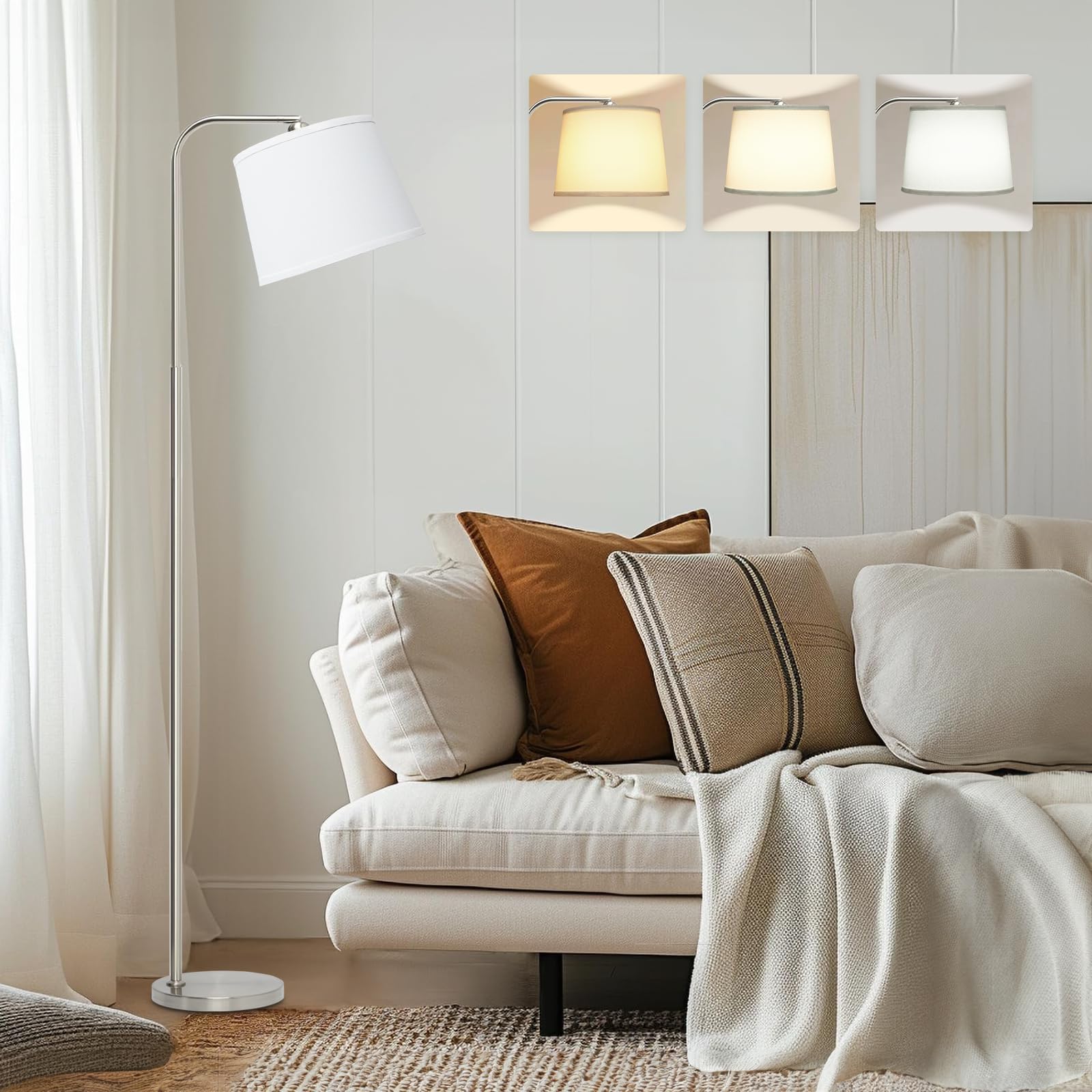 AKASUKI Floor Lamp with 3 Color Temperatures, 21.46inD x 12.01inW x 65.35inH, Metal, Silver Base - White Shade, Model LT