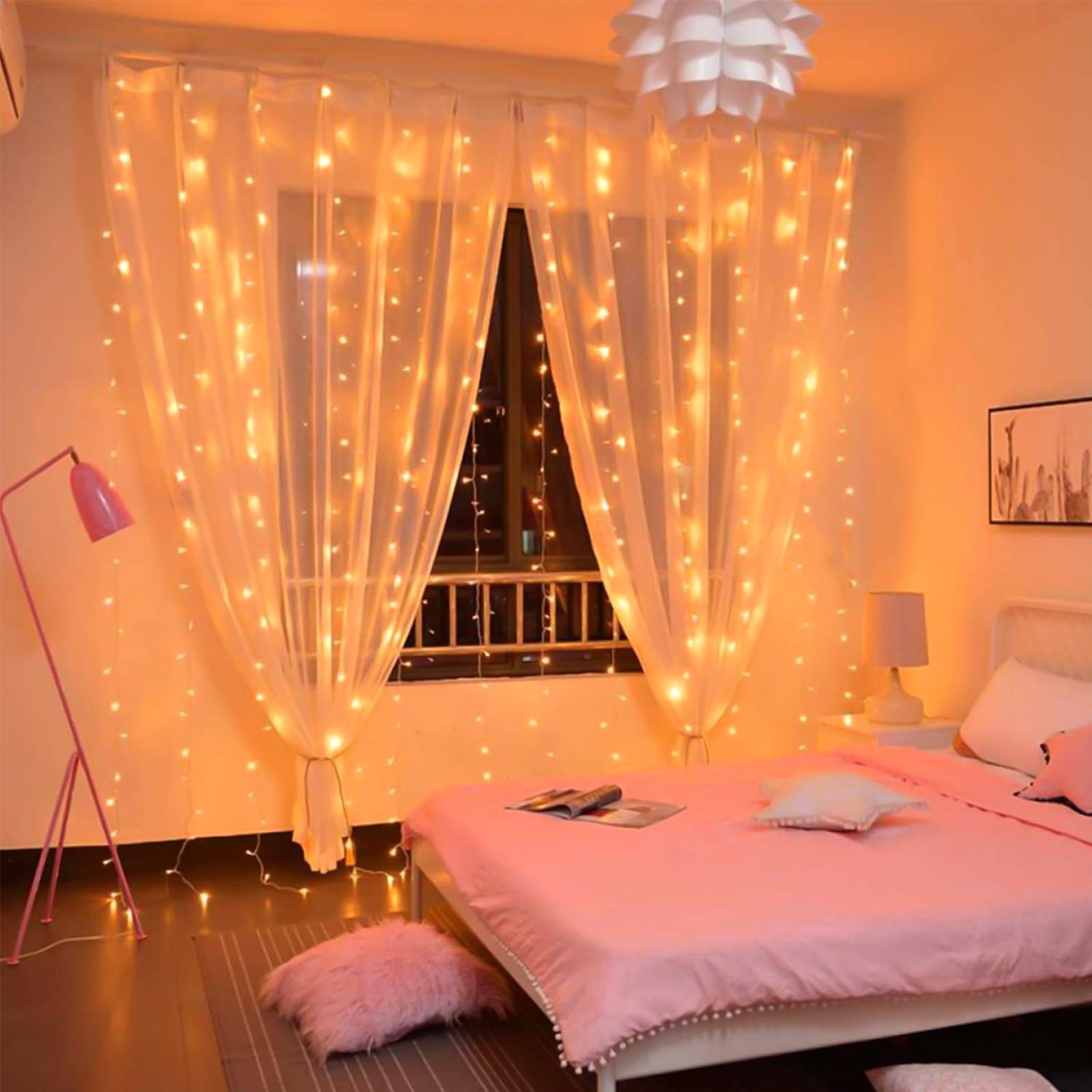 Brightown 300 Led Curtain Lights For Bedroom 9.8 Ft Hanging Window Lights With Remote, Connectable, 8 Modes, Waterproof Fairy Lights For Outdoor Indoor Christmas Holiday Party, Orange