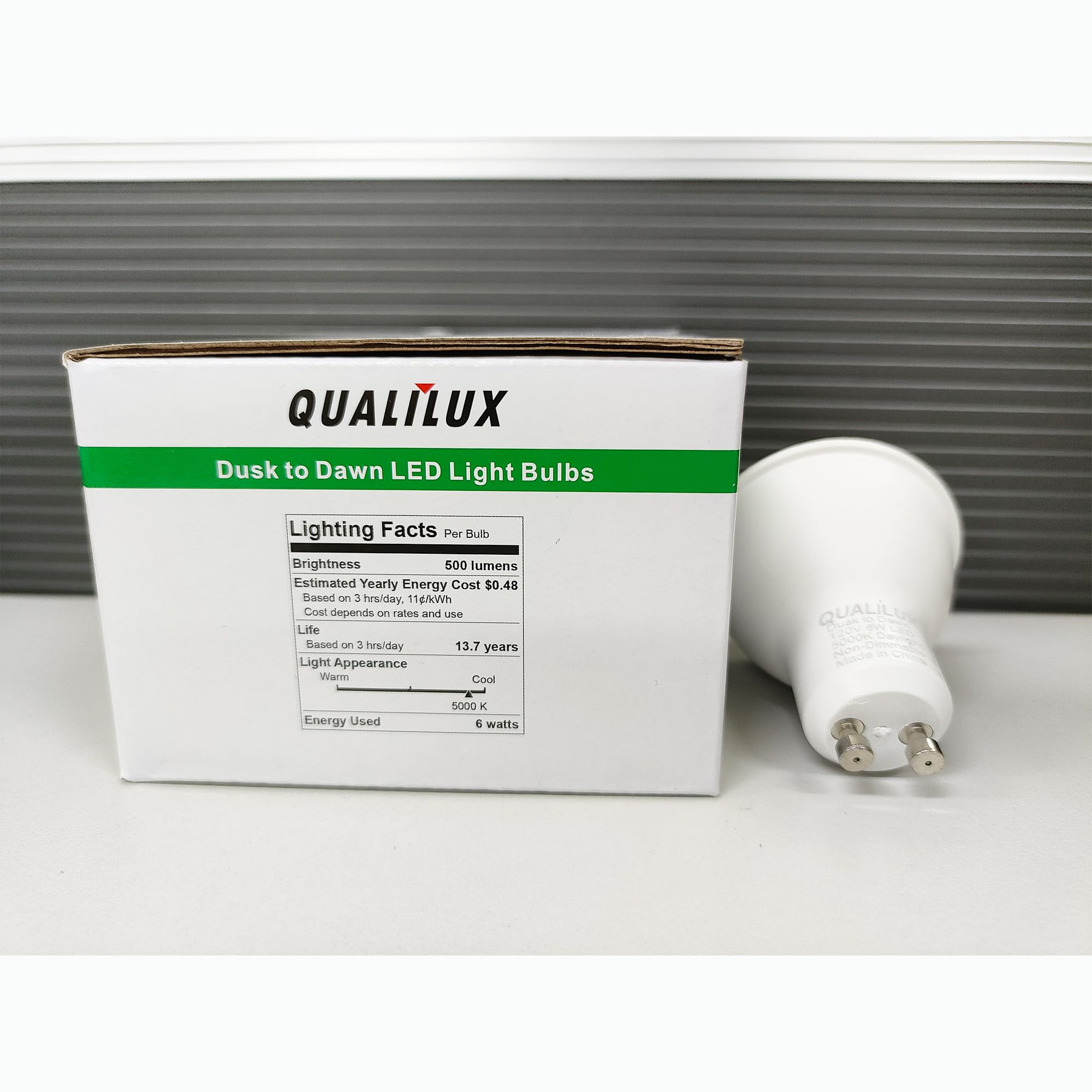Qualilux MR16 GU10 LED Light Bulbs 6W, Daylight 5000K, Auto On/Off, Non-Dimmable, 4-Pack