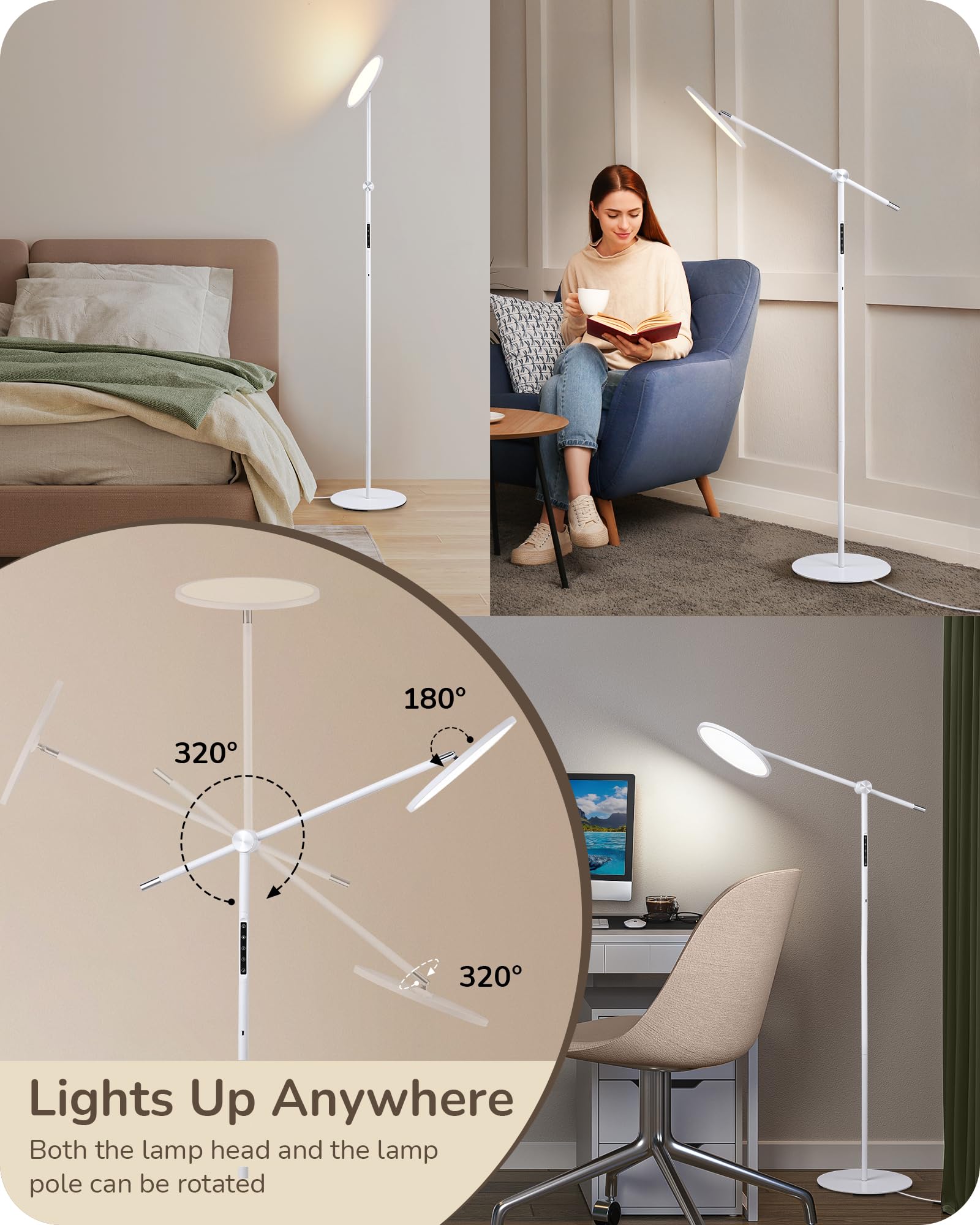 Edishine Led Reading Floor Lamp, 1600Lm Bright Dimmable Lamp With Type-C Port, Flexible Head & Arm Tall Standing Lamps For Livin