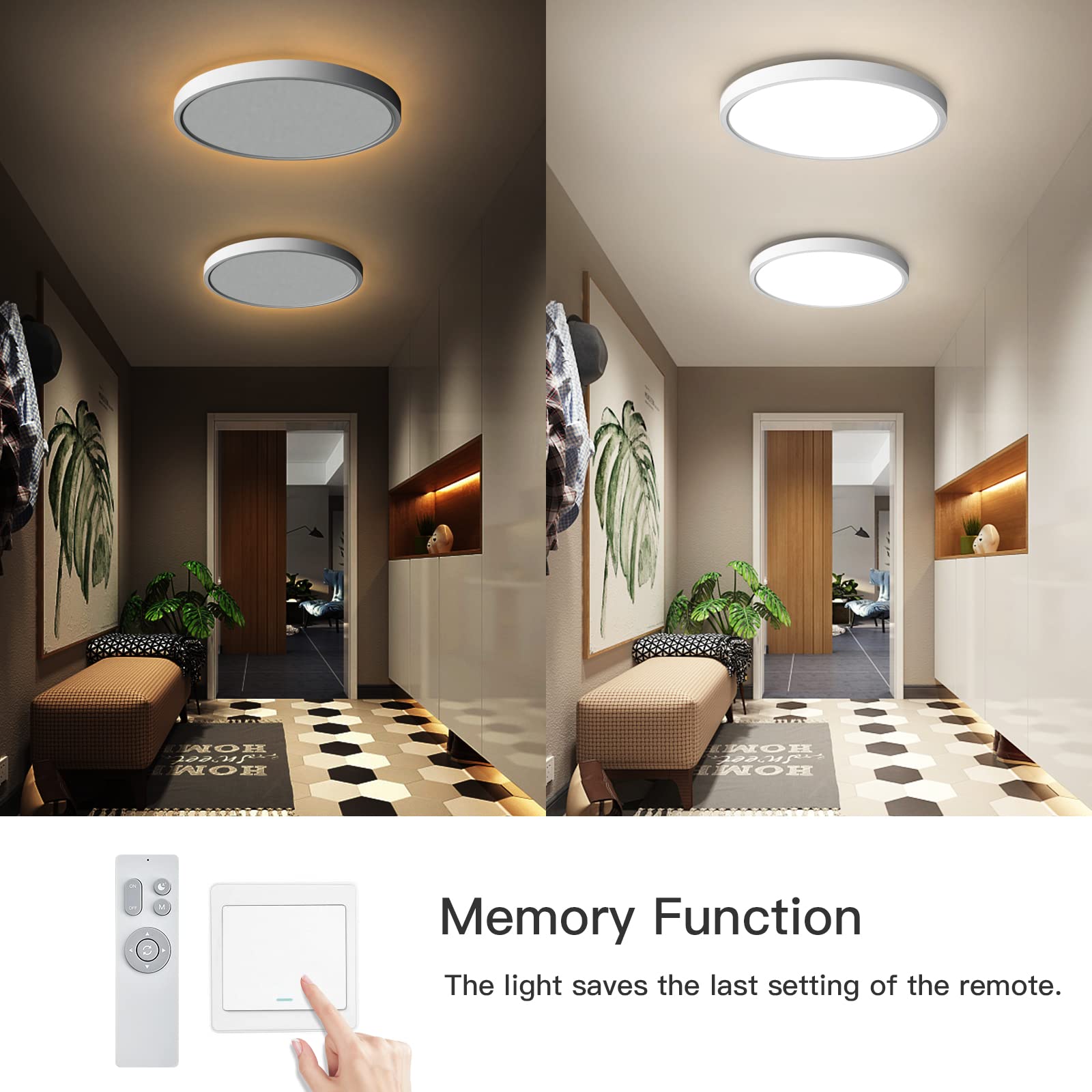 Roomratv Flush Mount Ceiling Light Fixture With Remote Control, Nightlight Warm 3000K, 12Inch 28W Round Panel Light, 3000K-6500K