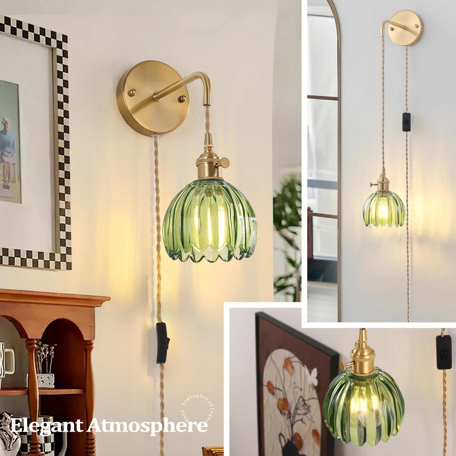 Shenmoyl Vintage Wall Sconce Lamp with Green Tulip Glass Shade, Plug-in, Brass, Model 1-9390