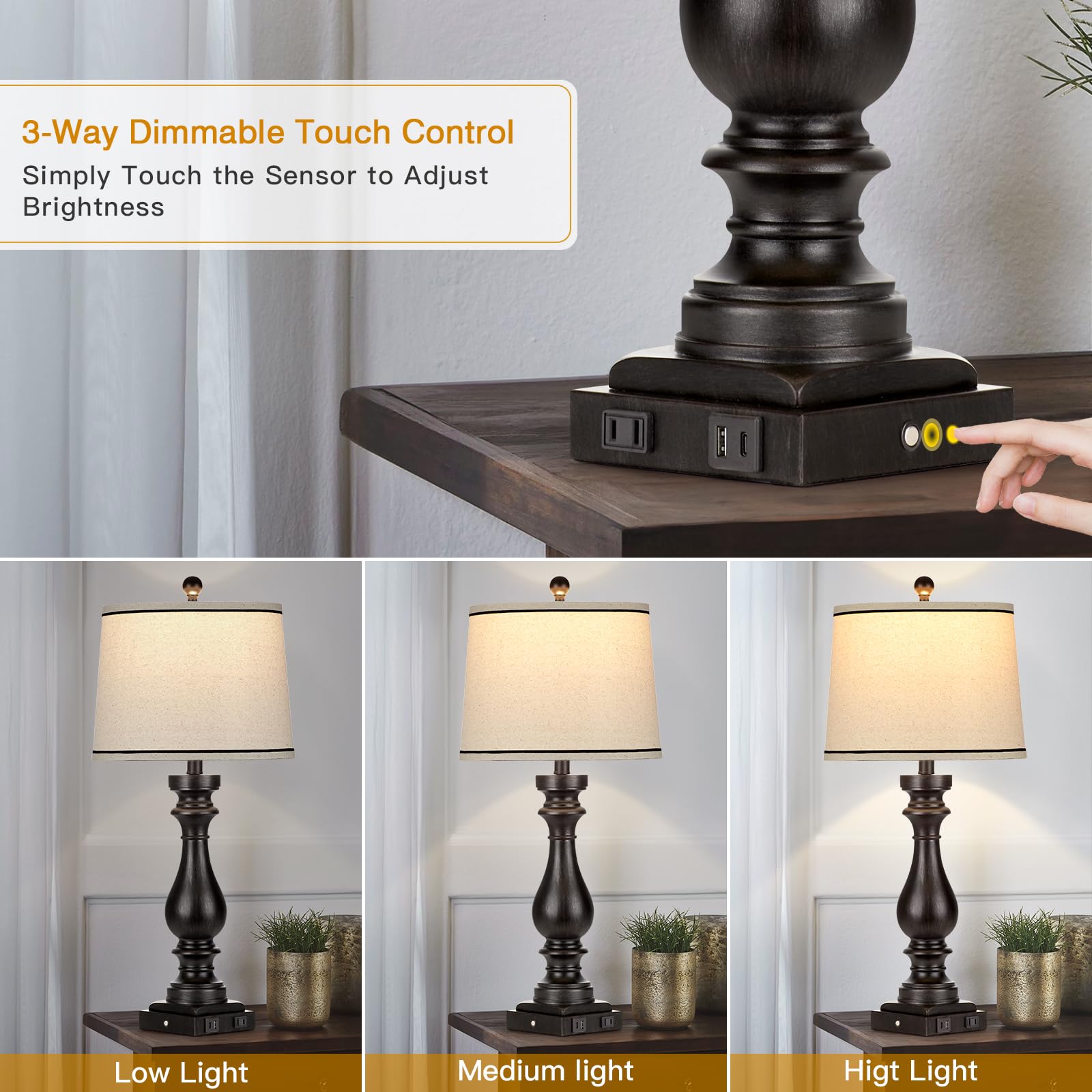 Cinkeda 29" Tall Table Lamp Set of 2 - Vintage Black Touch Control Lamps with USB & AC Outlet for Living Room & Bedroom