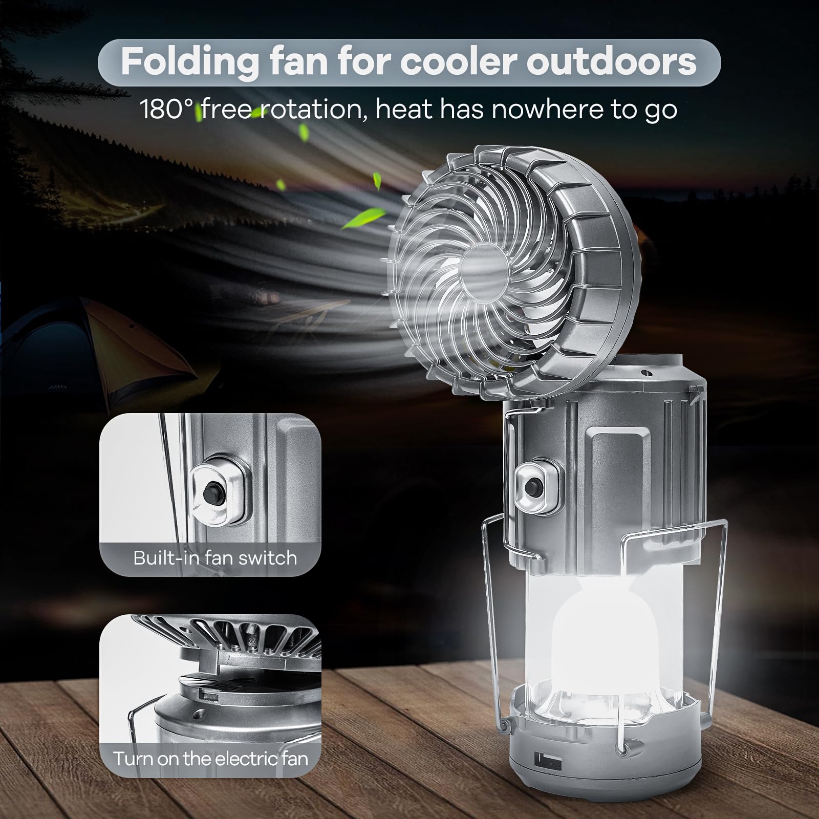 SZJIEIFR Camping Lantern with Fan - Solar Charging, Rechargeable LED, Silver
