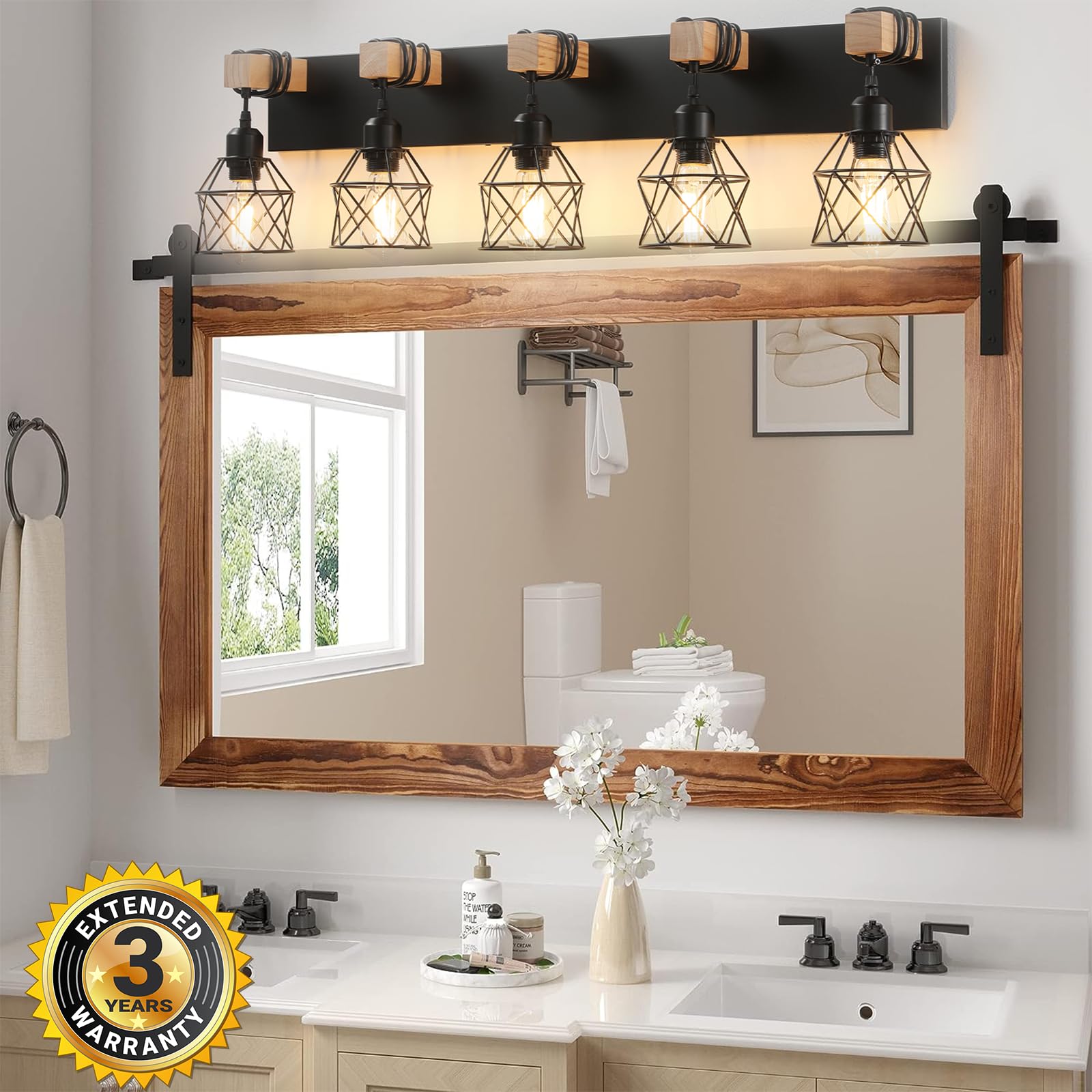 Farmhouse Vanity Light Fixture 5-Light Bathroom Lighting Black Industrial Wood Wall Light Over Mirror With Metal Shade Led Bulbs Not Included