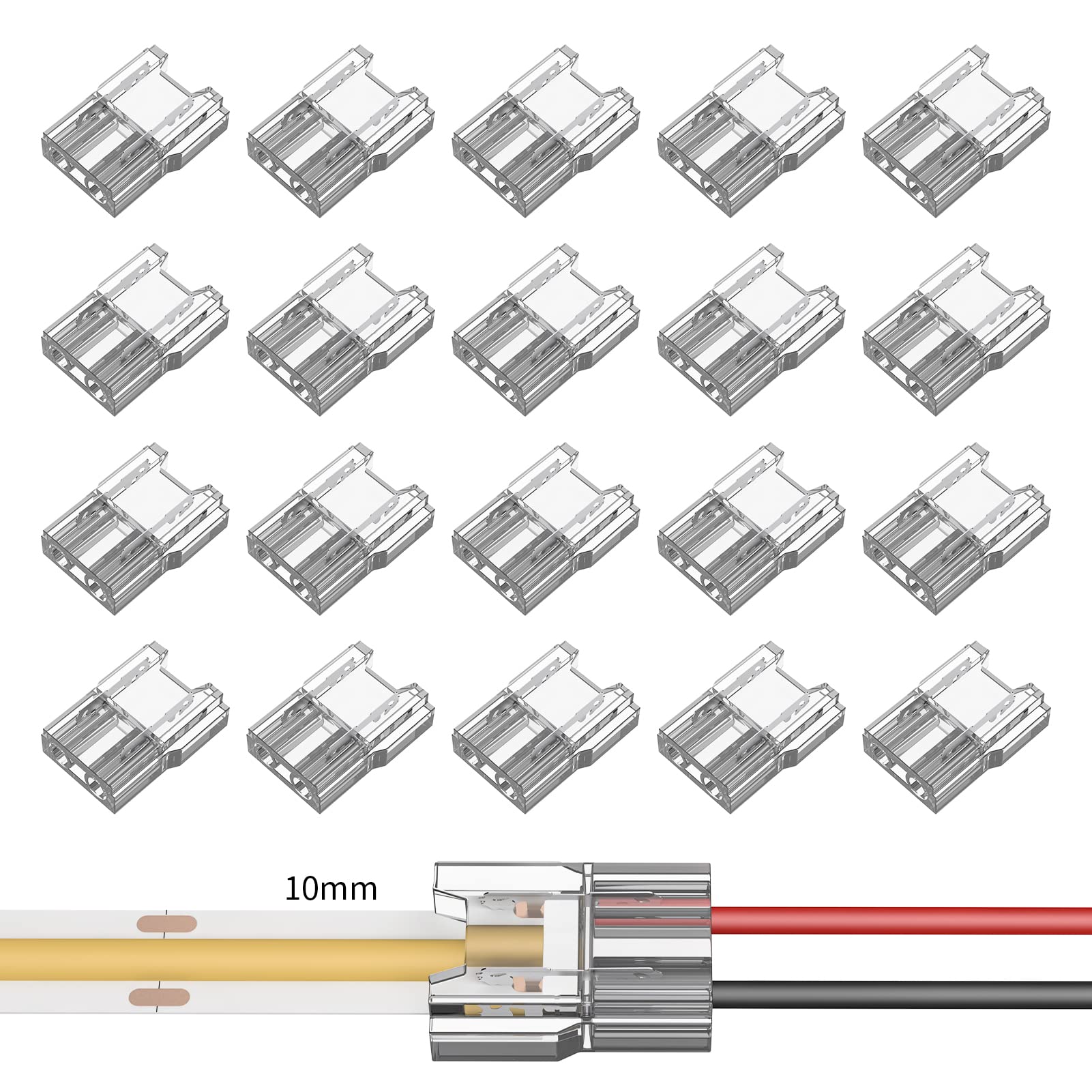VISDOLL COB LED Light Strip Connectors 20pcs 10mm 2Pin Strip to Wires LED Tape Light Connectors,Transparent Solderless No Dark A