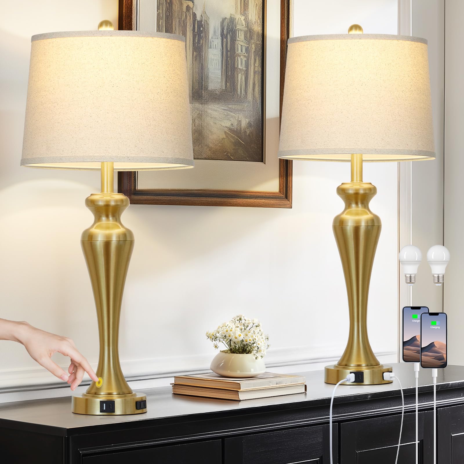 Ruzectt 30 Table Lamps Set of 2  3-Way Dimmable Touch Bedside Lamp with USB A+C Ports and AC Outlet  Tall Living Room Lamps for Side Table  Modern Bedroom Lamp for Nightstand  Gold