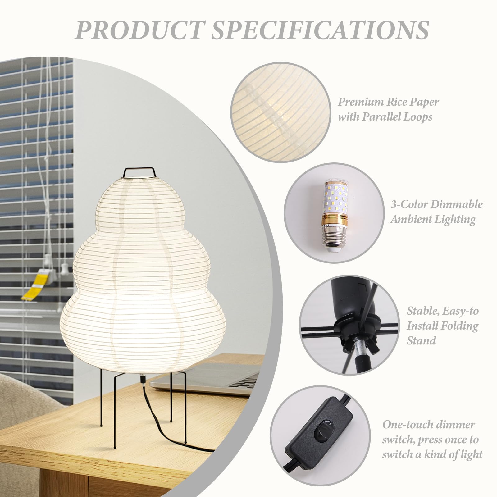 Noguchi Rice Paper Lamp, Akari Floor Lamp, Japanese Lantern Ideal For Bedside, Living Room, And Japandi D  Cor (Bulb Included)