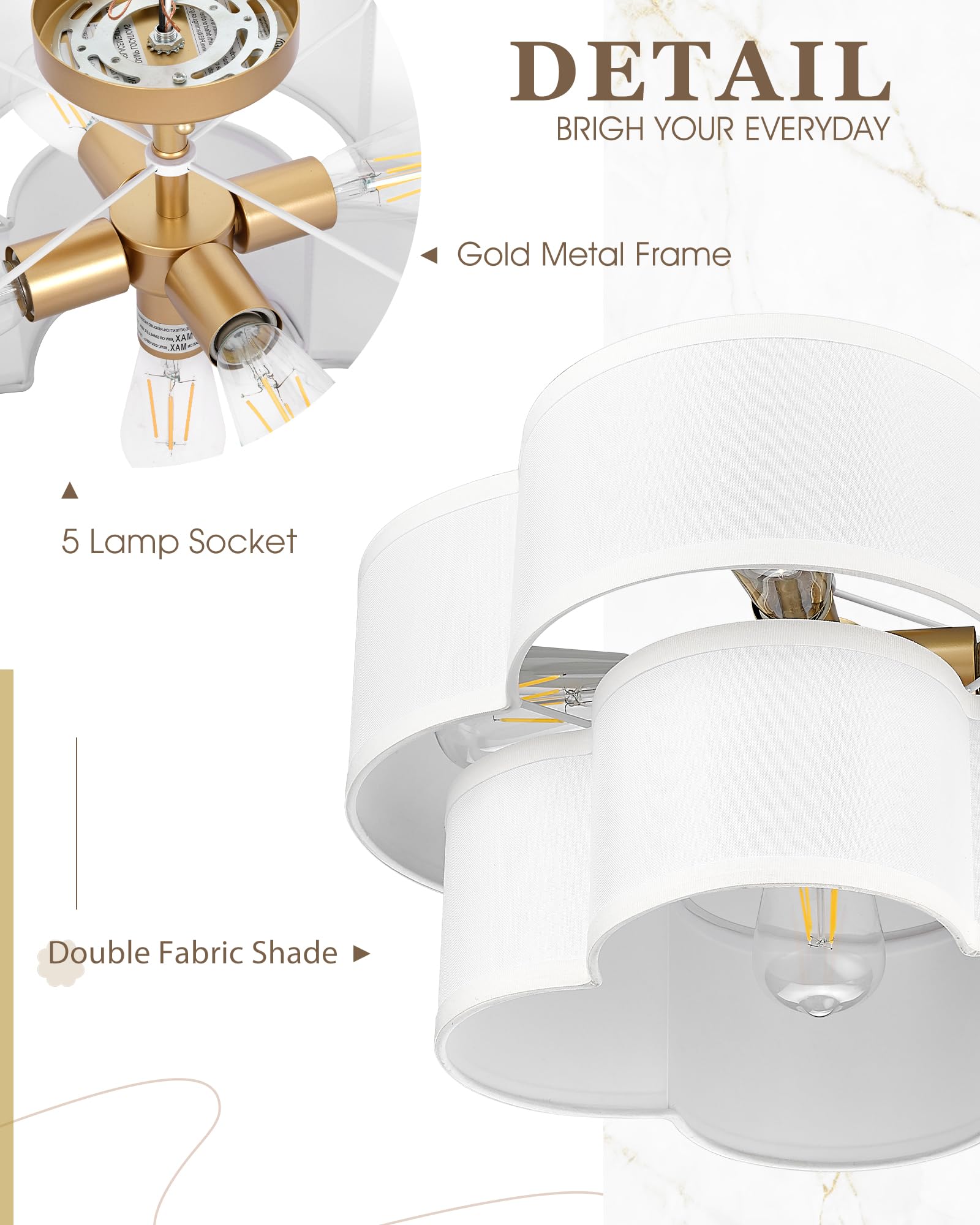 Audickic Gold Semi Flush Mount Ceiling Light, 5-Light 18'' Ceiling Light Fixtures With Double Fabric Drum Shade In Quatrefoil Sh