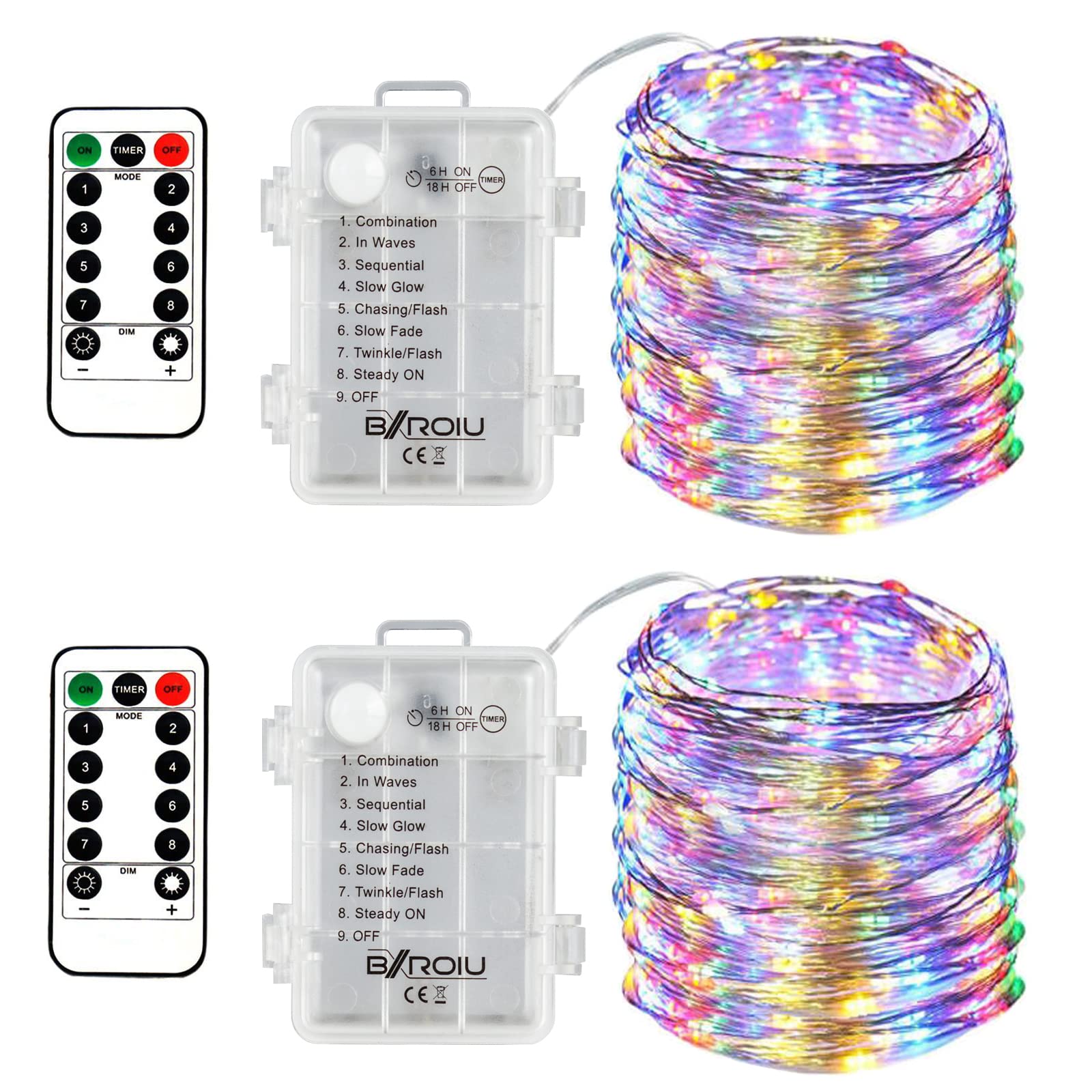 BXROIU Fairy Lights, 50 LEDs, 5M Silver Wire, 8 Modes, Battery Operated, Remote Control, Multicolor