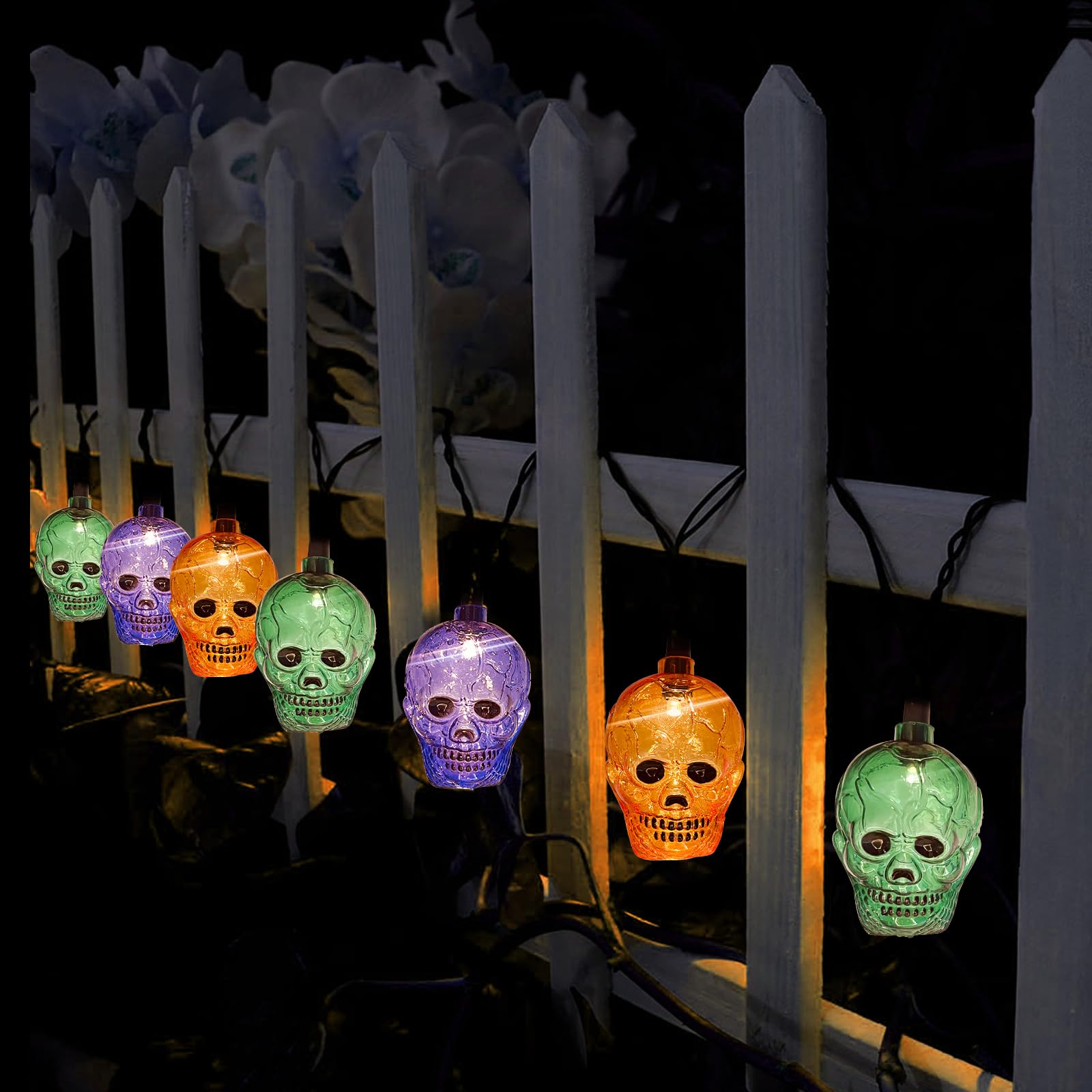 GOOTHY Halloween Skull String Lights - 8.5Ft LED Decor, Orange/Purple/Green, Indoor/Outdoor, Plug-in, Model LR-LED-L-10E/1F-D