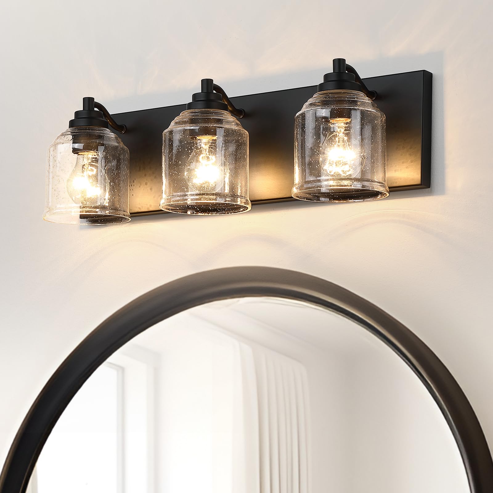 YKLITG 3-Light Farmhouse Bathroom Vanity Light, Black Metal with Bubble Glass Shades, Model BD005-3-MB
