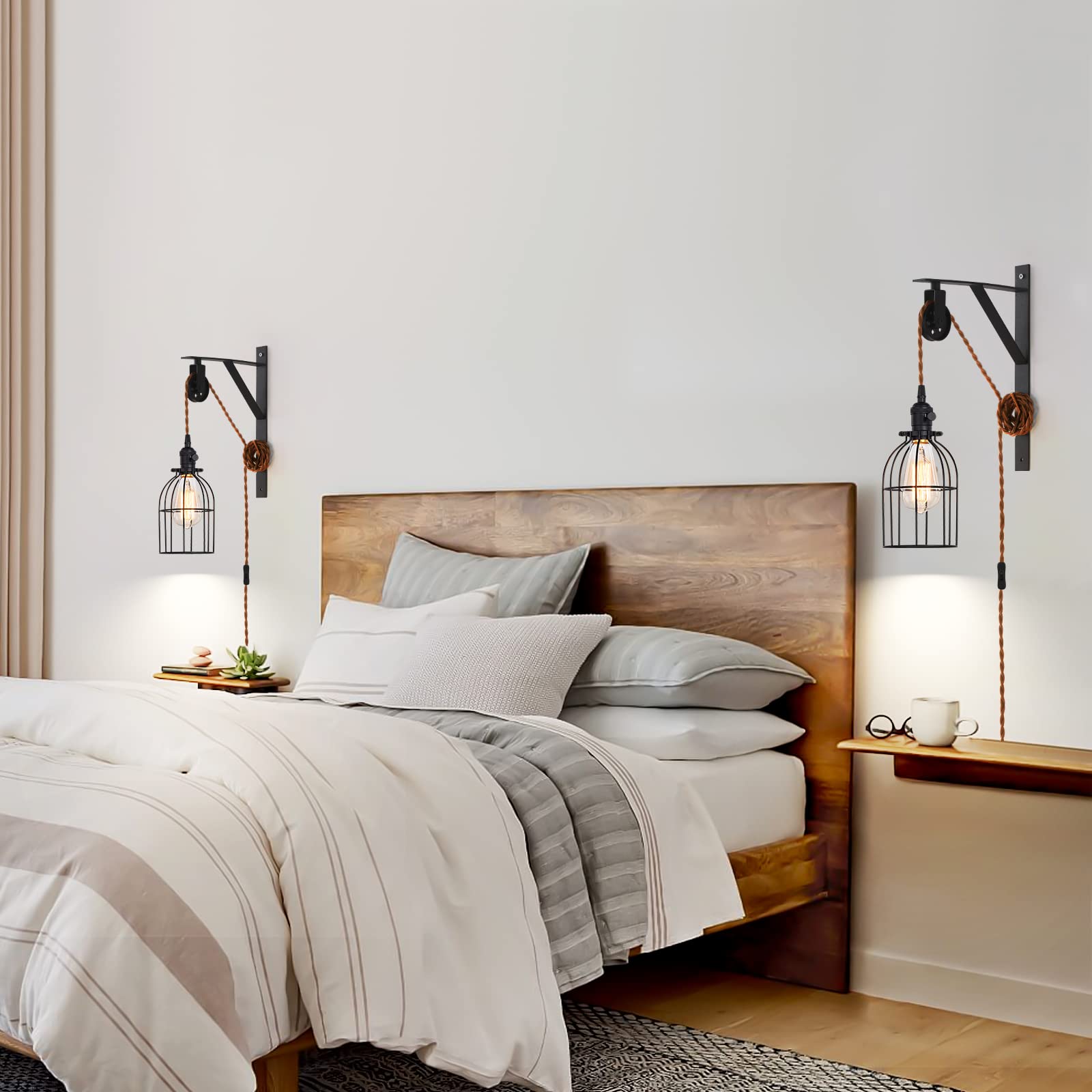 Seeblen Farmhouse Black Pendant Light Set Of 2, Iron Pulley Lamps With Switch