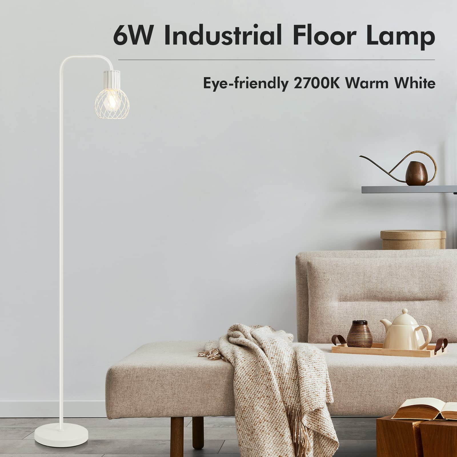 Auquee White Industrial Floor Lamp With 6W Led Bulb & Foot Switch - Modern Metal Design