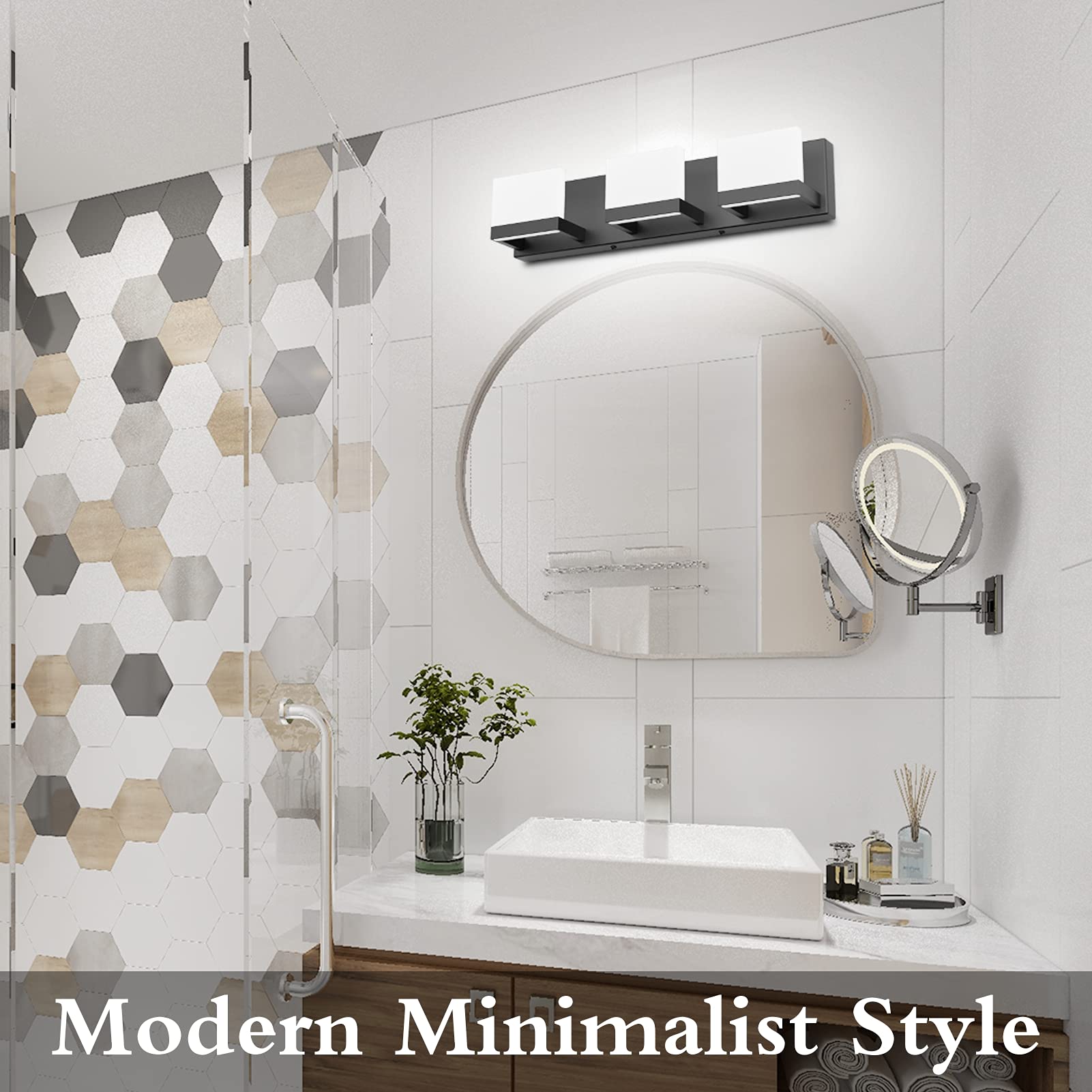 Tipace 3 Lights Black Dimmable Led Vanity Light For Bathroom Up And Down Black Modern Bathroom Wall Light Fixtures Over Mirror(W
