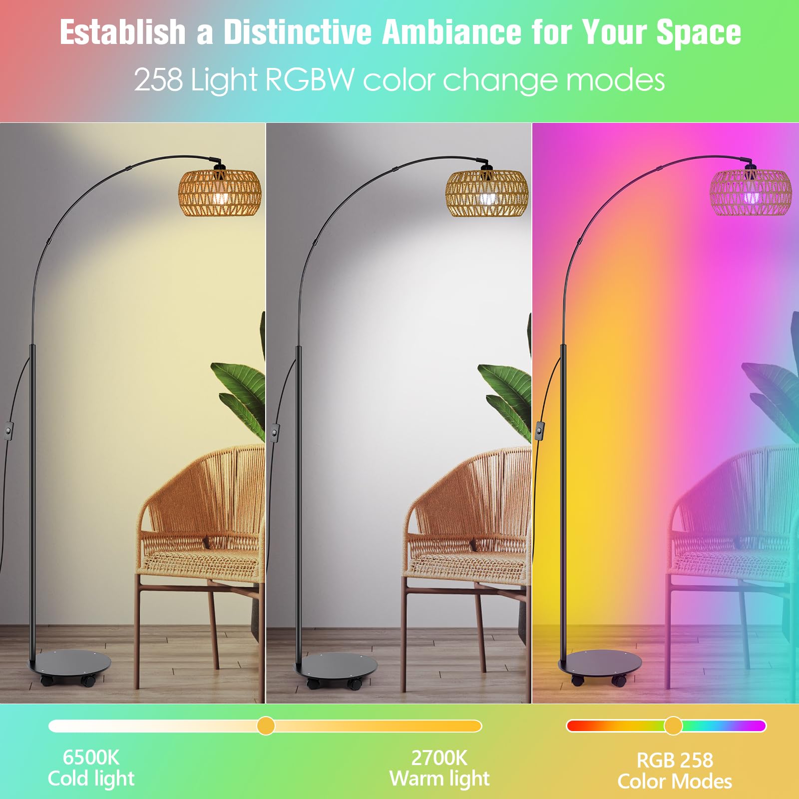 Jinglechoo Rgb Arc Floor Lamp With 3 Color Temperatures, Dimmable Rattan Boho Standing Lamp, App And Remote Control, Modern Tall