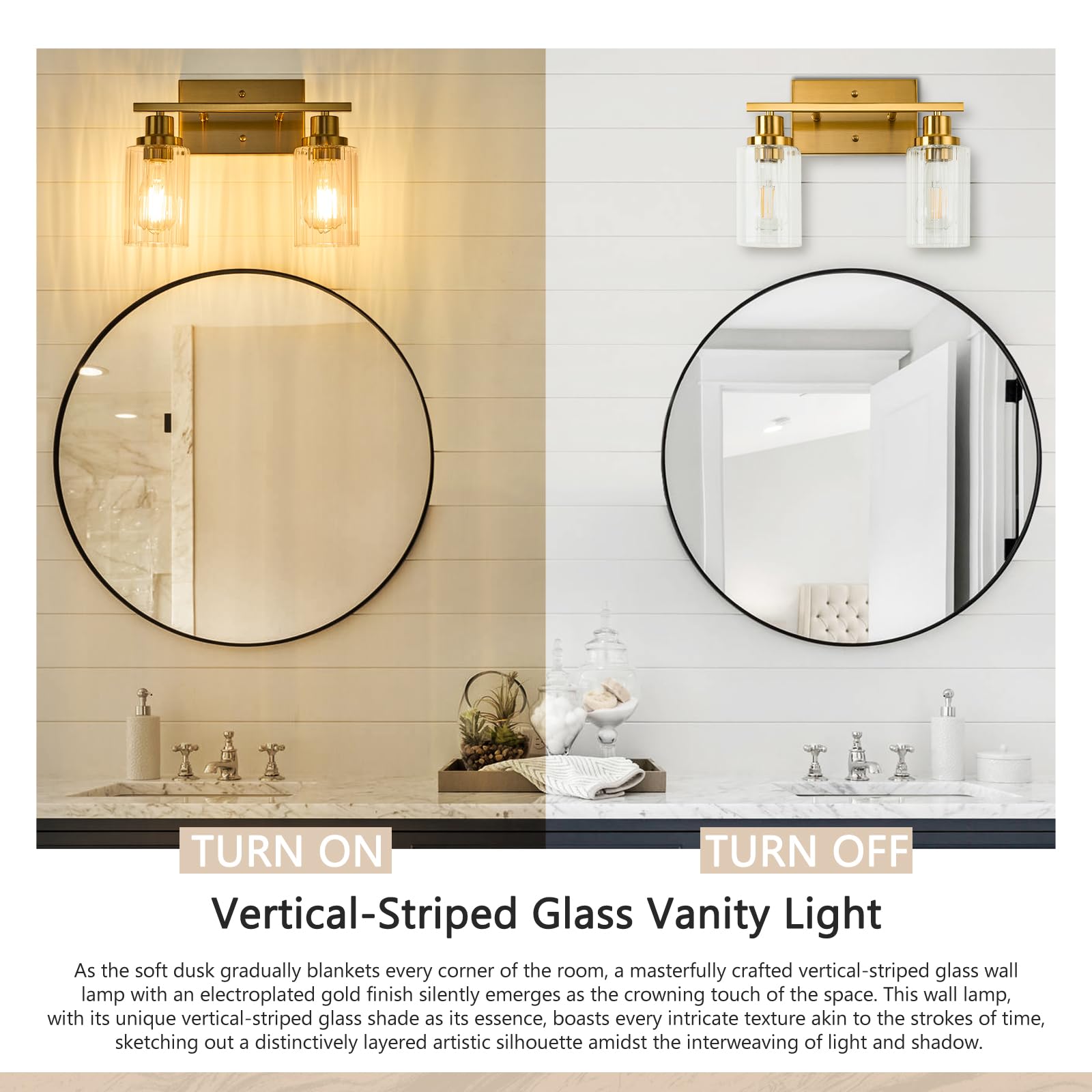 Jonsi Gold Bathroom Light Fixtures, 2 Light Brushed Gold Bathroom Vanity Lights With Fluted Glass Shade, Modern Gold Bathroom Lights Over Mirror, Vanity Lighting Fixtures, X003W-2Agb