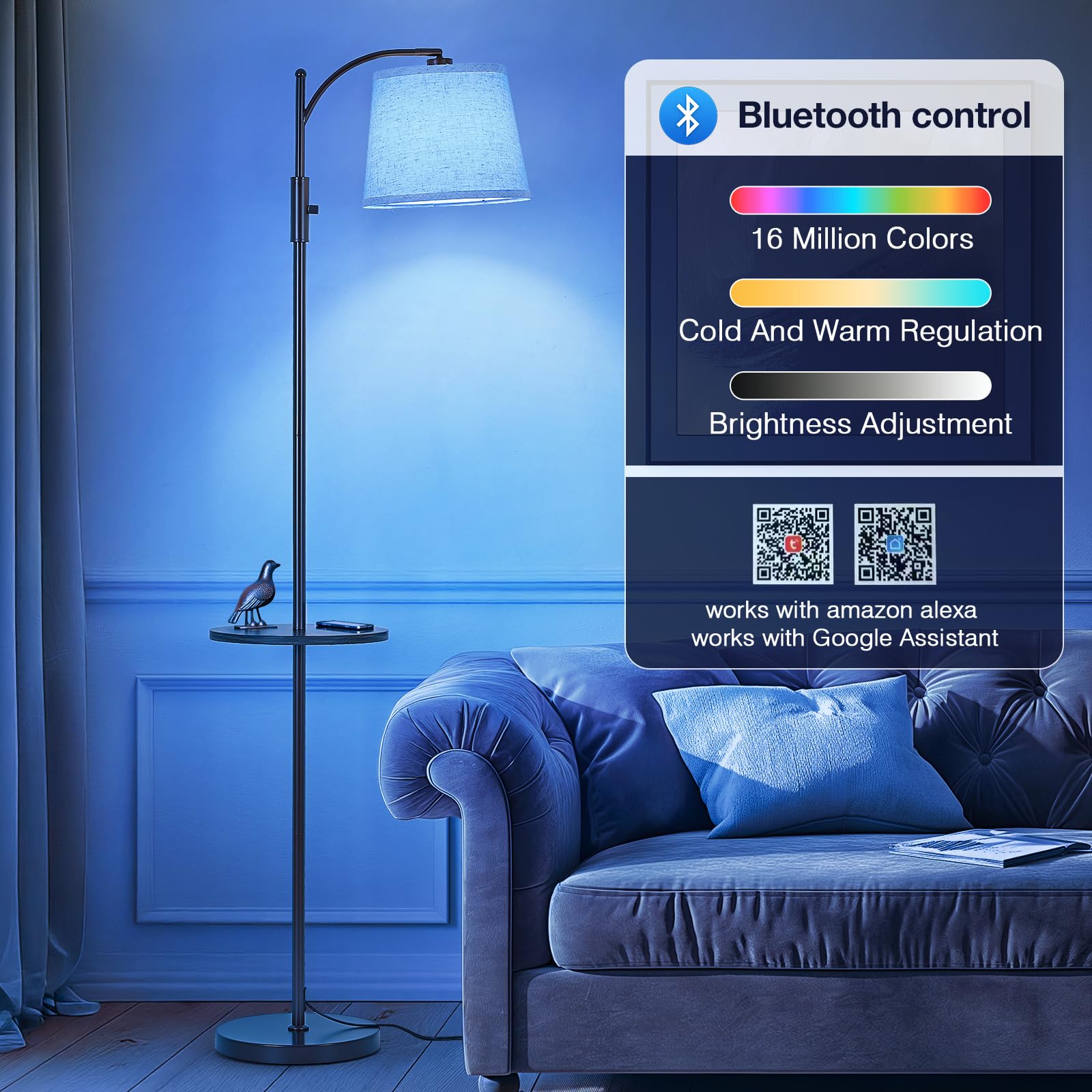 AIDENOEY Smart Floor Lamp with Side Table, RGB Multi-Color, Voice Control, Adjustable Head, Brown, Model HYZC0205
