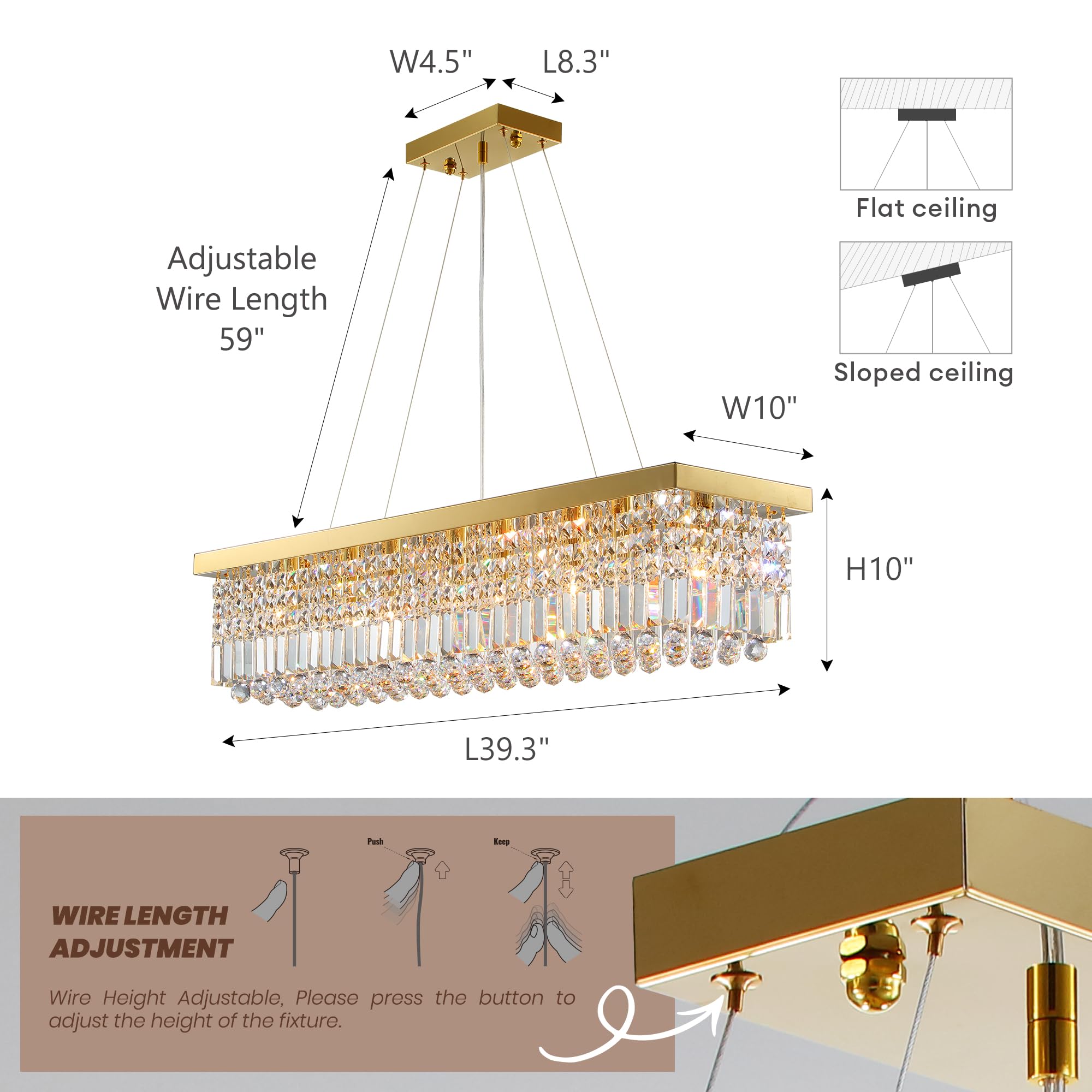 Tinkoso 8-Light Modern Crystal Chandelier, Gold, L40" x W10" x H10", Stainless Steel, Model LH-00910, Ideal for Dining Room, Kitchen, Bar