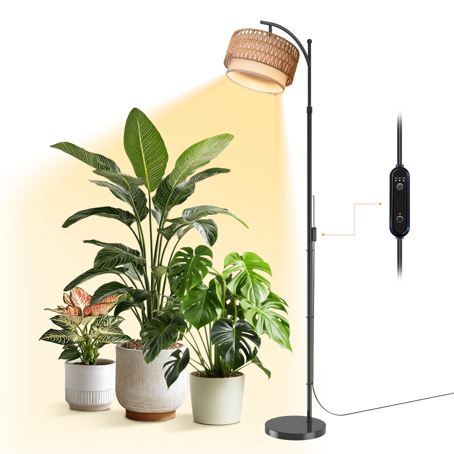 Bstrip 65-72.8 Inches Adjustable Grow Light for Indoor Plants, Boho Rattan & Fabric Shade Standing Grow Lamp, 25W 3000K Full Spe