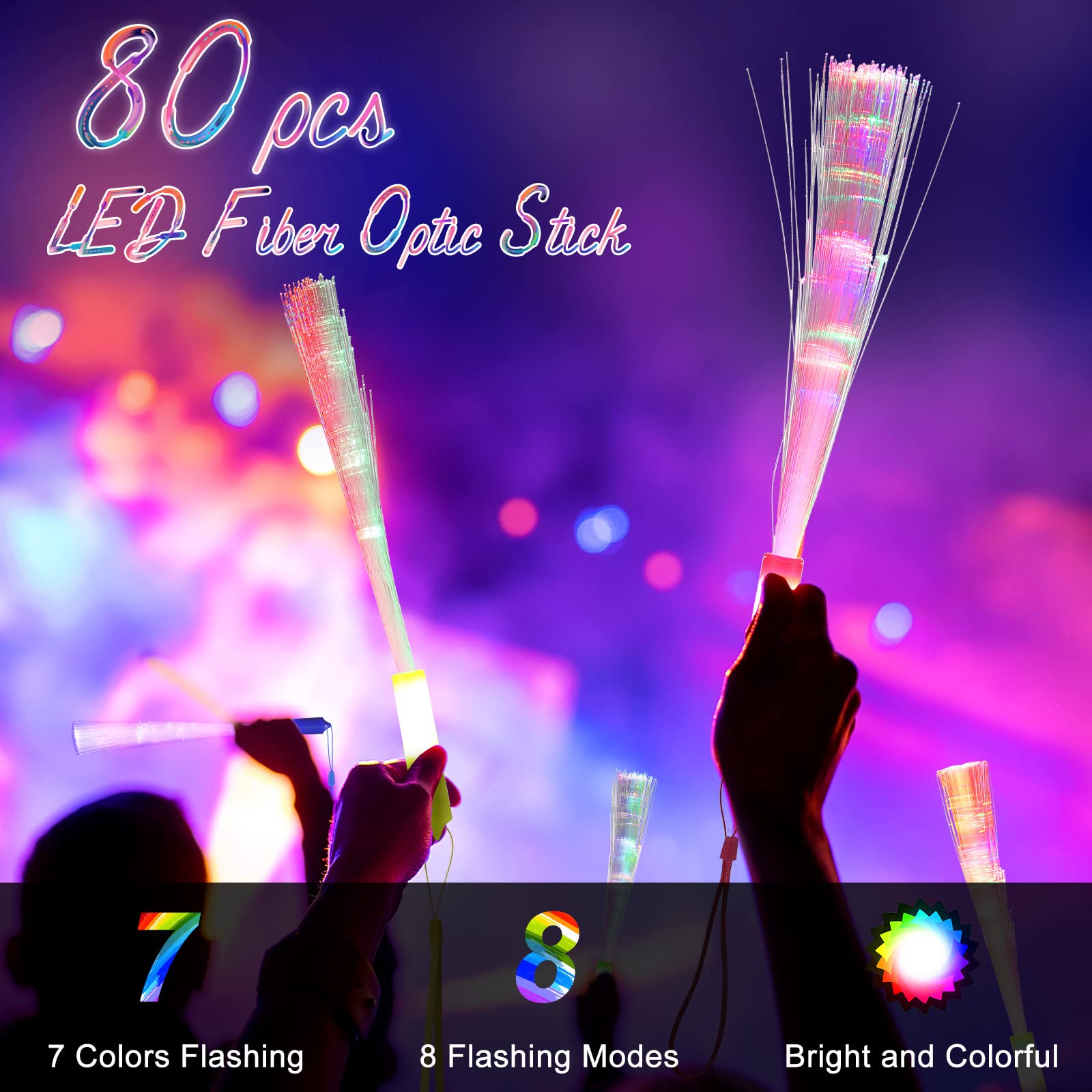 80 Pcs Fiber Optic Wands, Glow Wands Led Wand Light Up Fiber Optic Glow Wands Led Light Up Fiber Optic Stick With Batteries For Kids Birthday Wedding In Dark Party Concerts Clubs (Multicolor Handle)