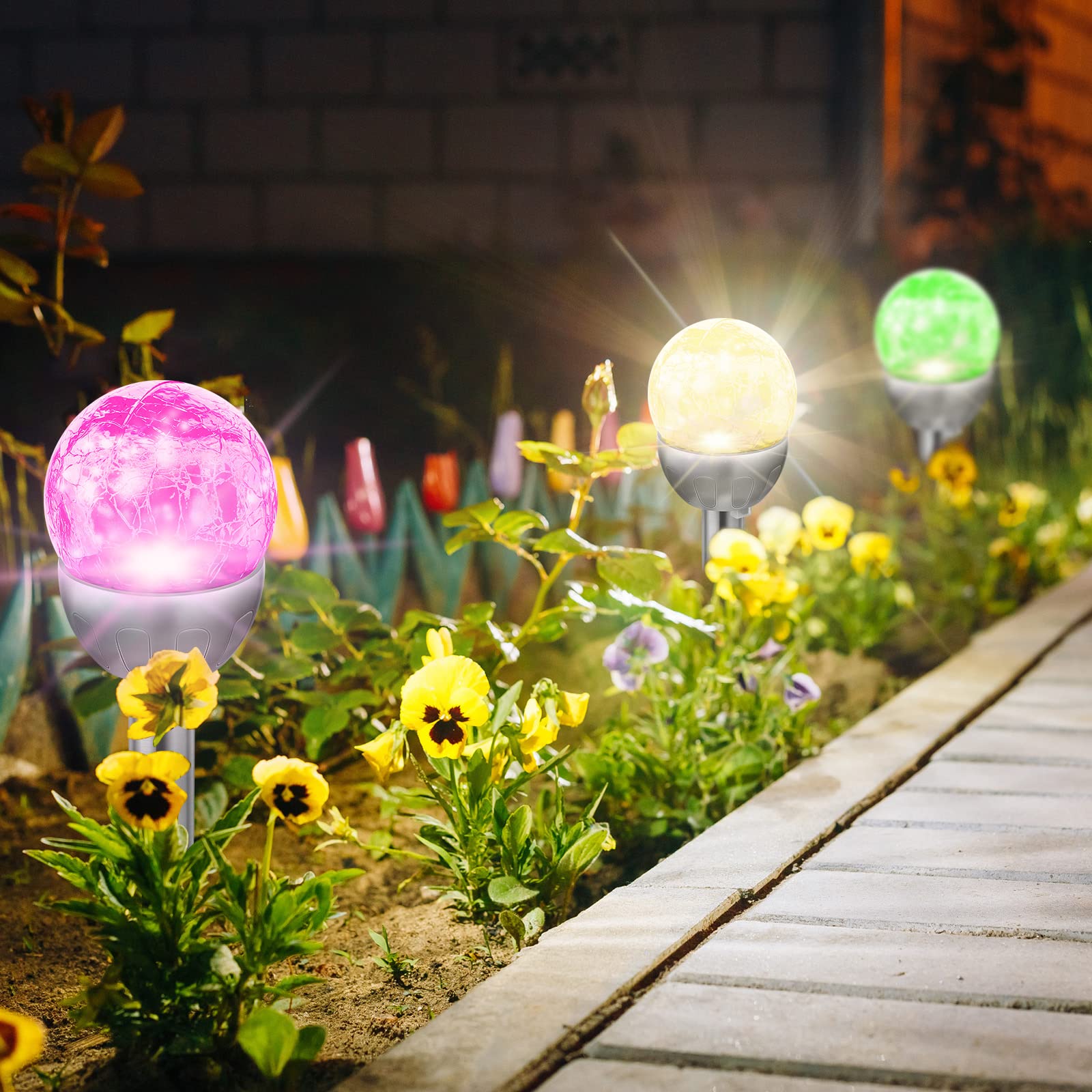 BBTO Solar Garden Lights - 12 Pcs Cracked Glass Ball LED, 7 Color Changing, Decorative Outdoor Pathway Lighting, Multicolor