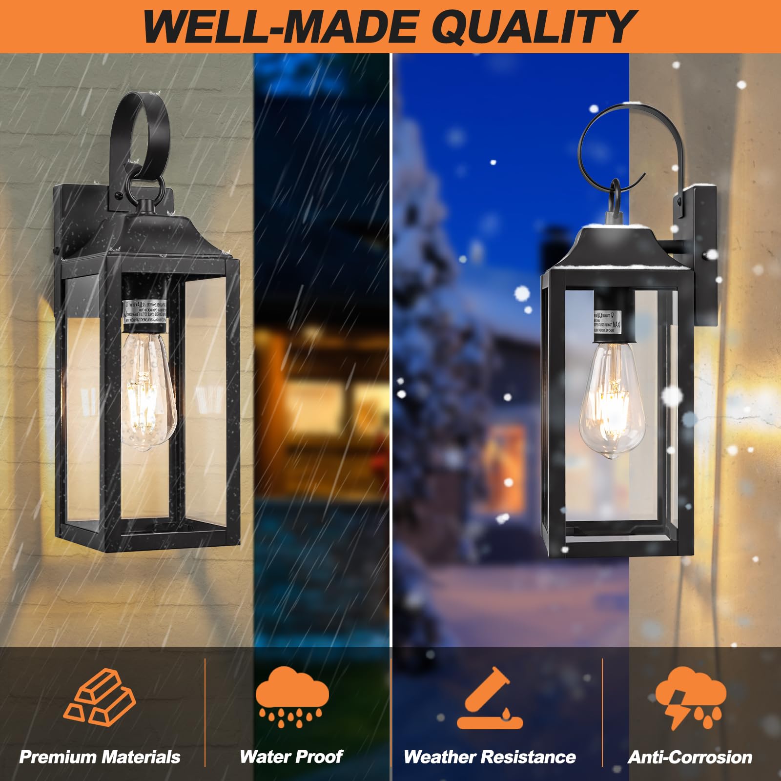 Yolsunes 2 Pack 15&quot; Black Outdoor Wall Sconces, Waterproof Modern Lanterns With Clear Glass
