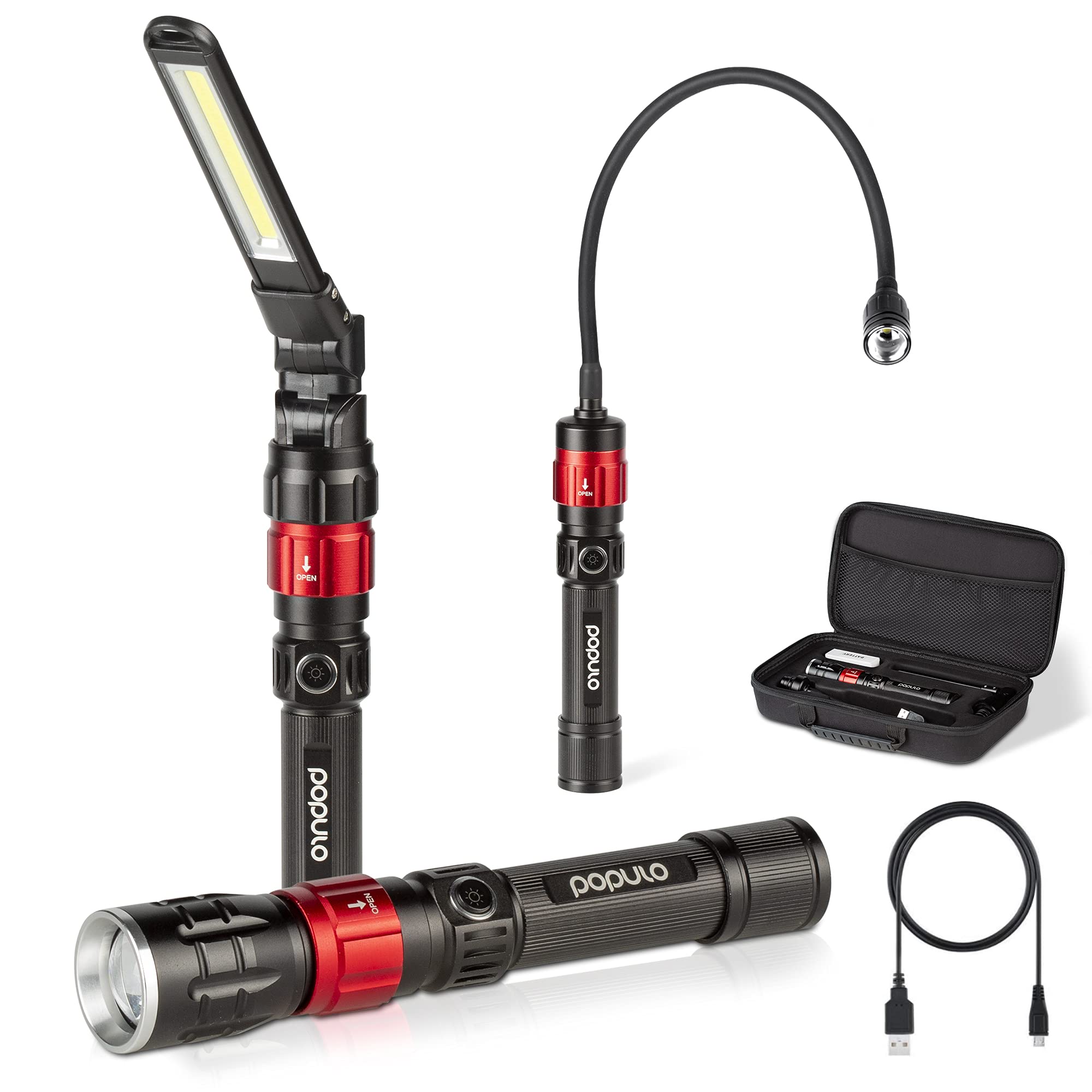 populo 3 in 1 Led Work Lights with Magnetic Base, LED Flashlight with Flexible Gooseneck and Slim Bar Light, 400 Lumens Recharge