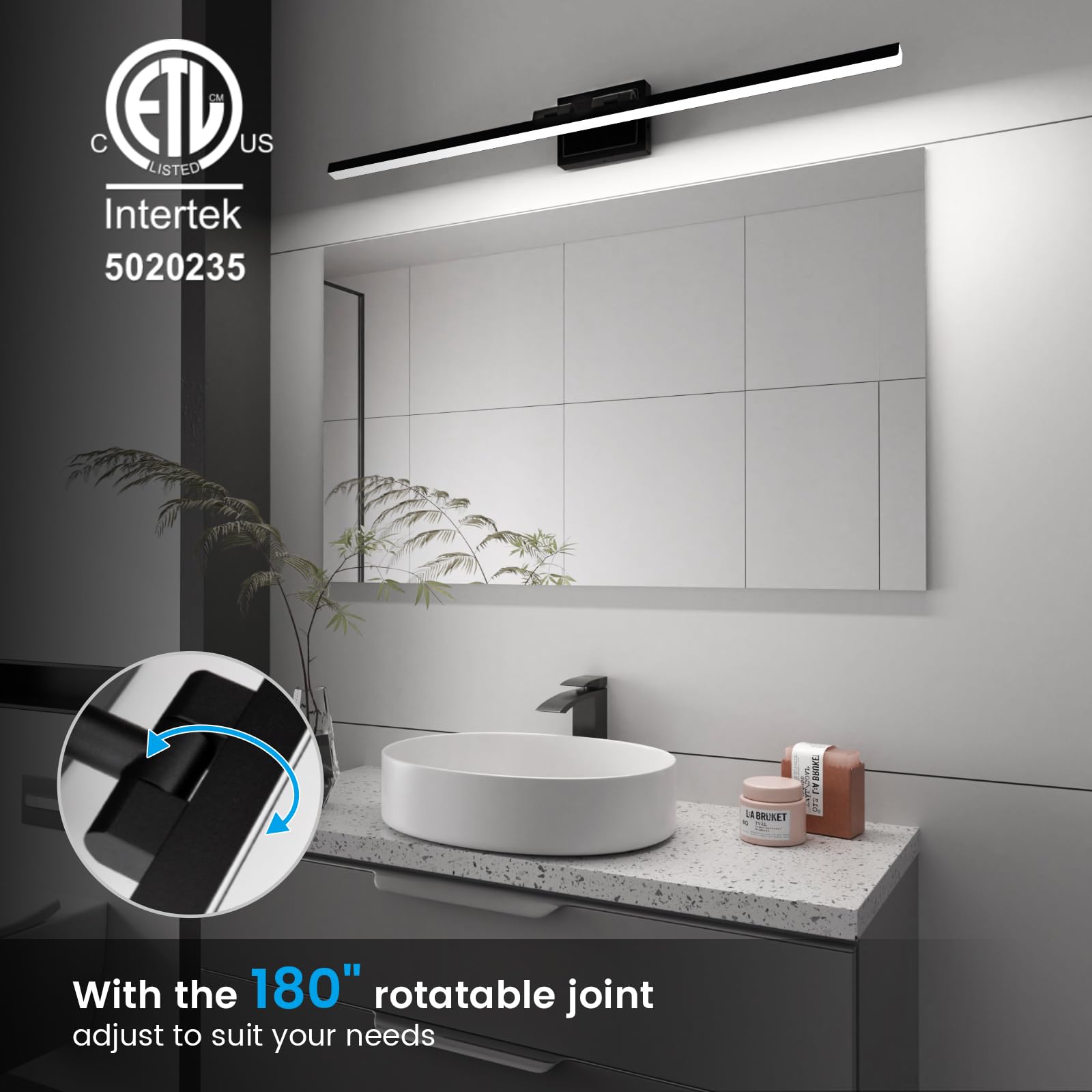 VOLISUN 39.4" Modern Bathroom Vanity Light, 24W Dimmable LED, Black, ETL Certified, Rotatable, Model 21318ZM