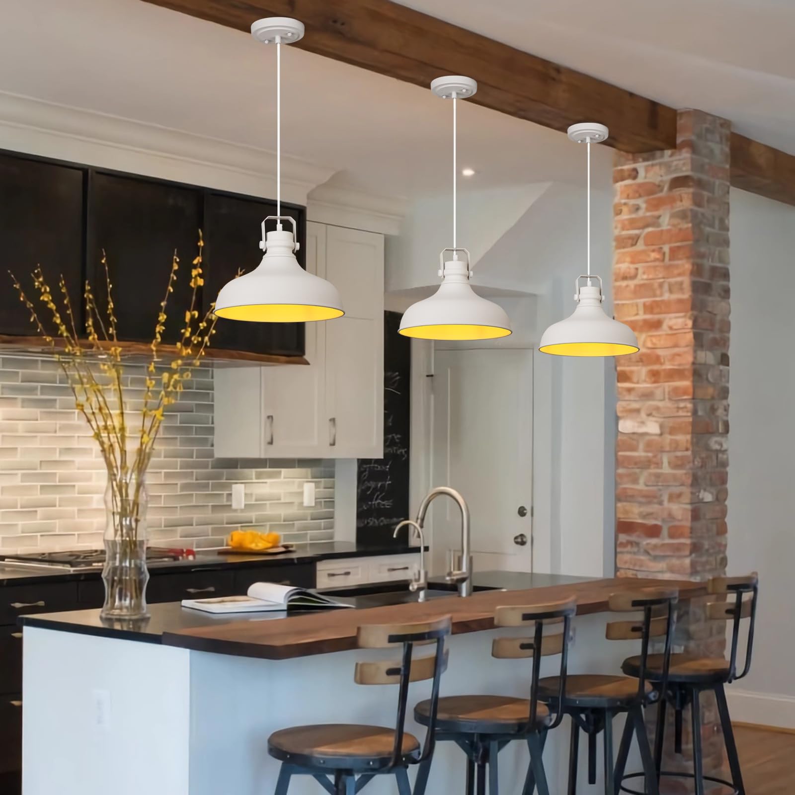 Alaislyc White Farmhouse Pendant Lights Matte Pendant Lighting For Kitchen Island Industrial Adjustable Height Vintage Dome Hanging Light Fixtures For Barn  Dining Room 3 Packs