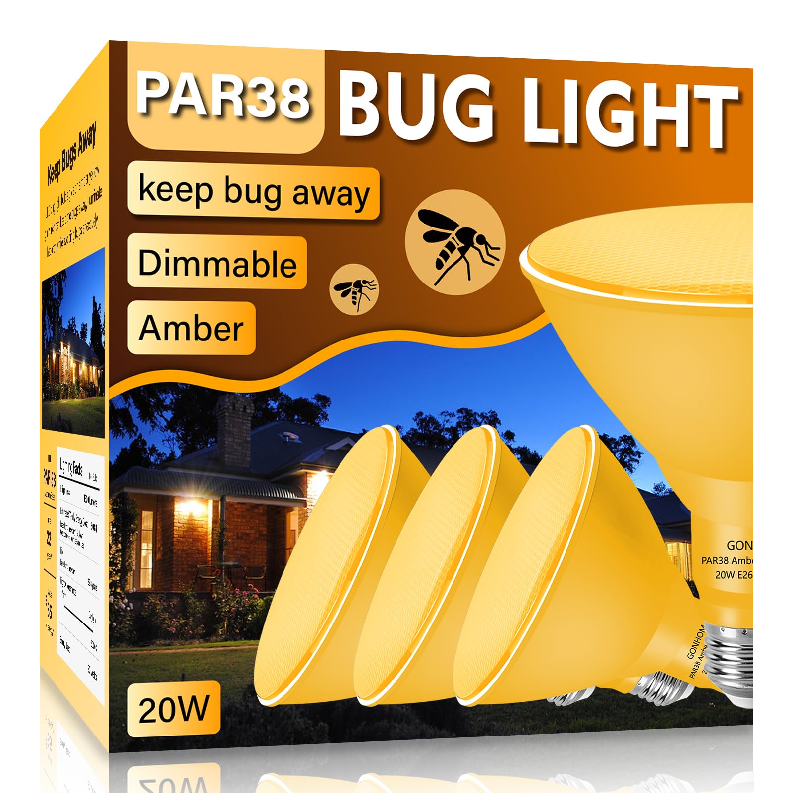 Gonhom Par38 Bug Flood Light Bulbs Outdoor,4 Pack-Dimmable,Bug Lights For Outside,20W Replace Up To 200W,Amber Yellow Light Bulb